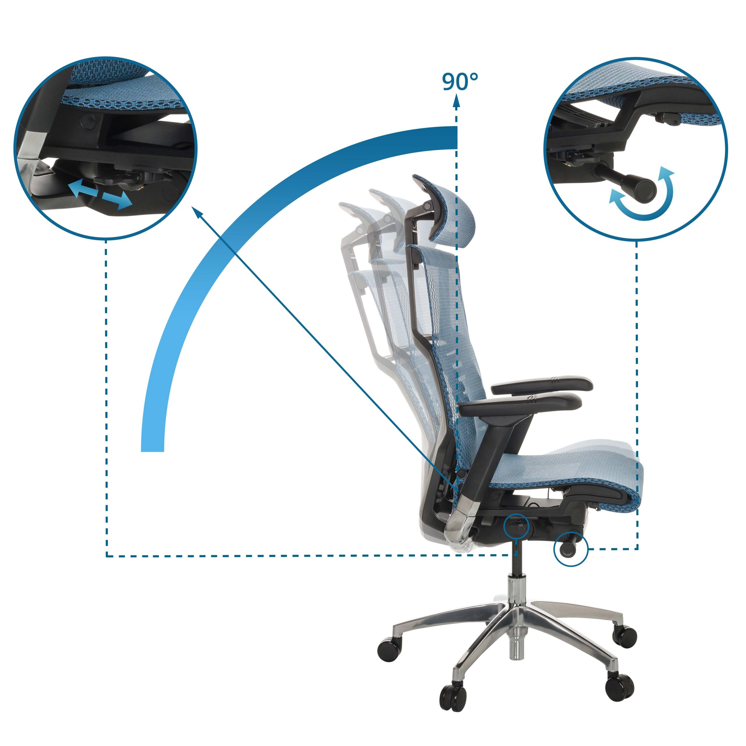 Diagramm eines blauen ergonomischen Bürostuhls mit verstellbarer Neigung und Knöpfen in Nahaufnahmen.