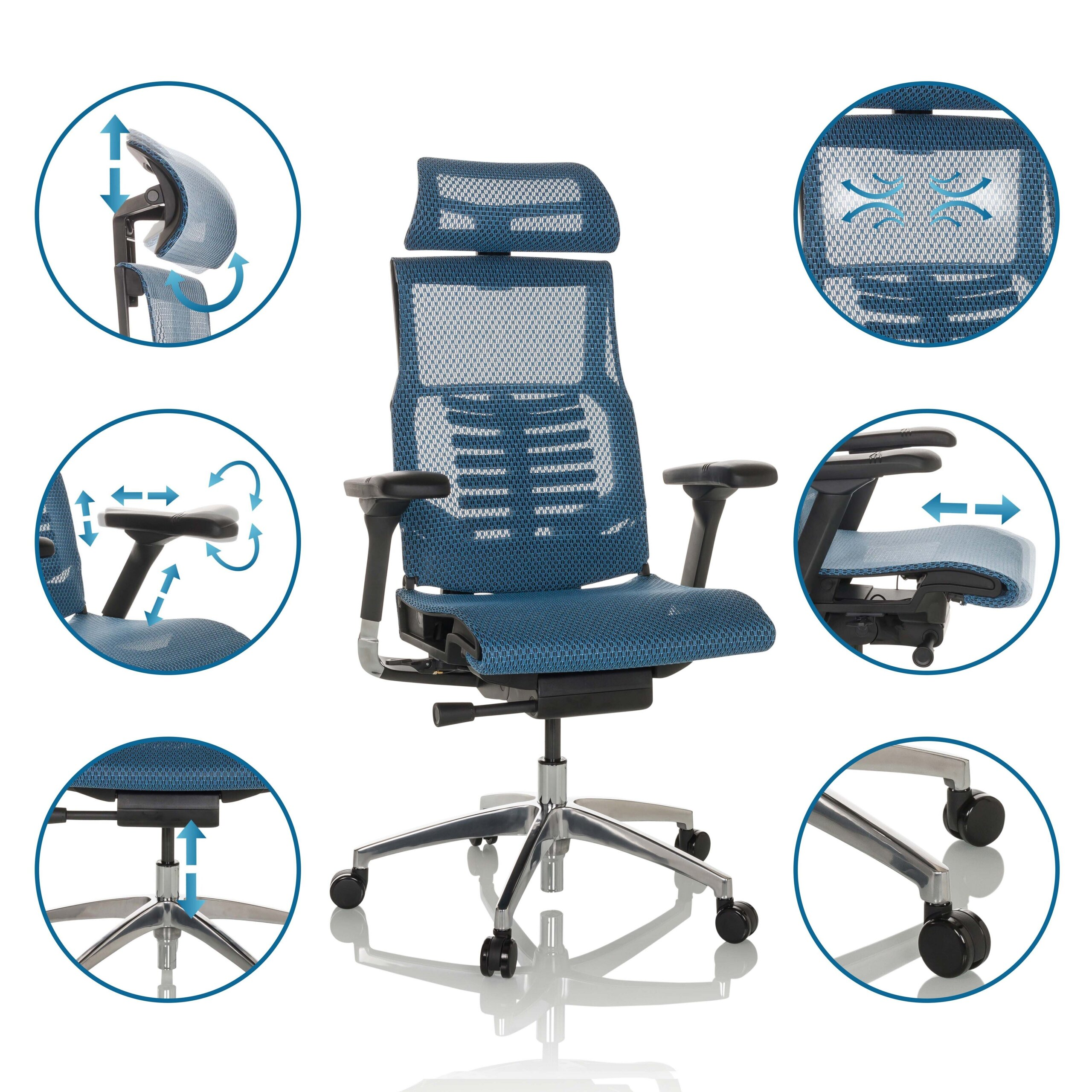 Ein blauer ergonomischer Buerostuhl mit Netzgewebe und sechs detailreichen Detailkreisen.