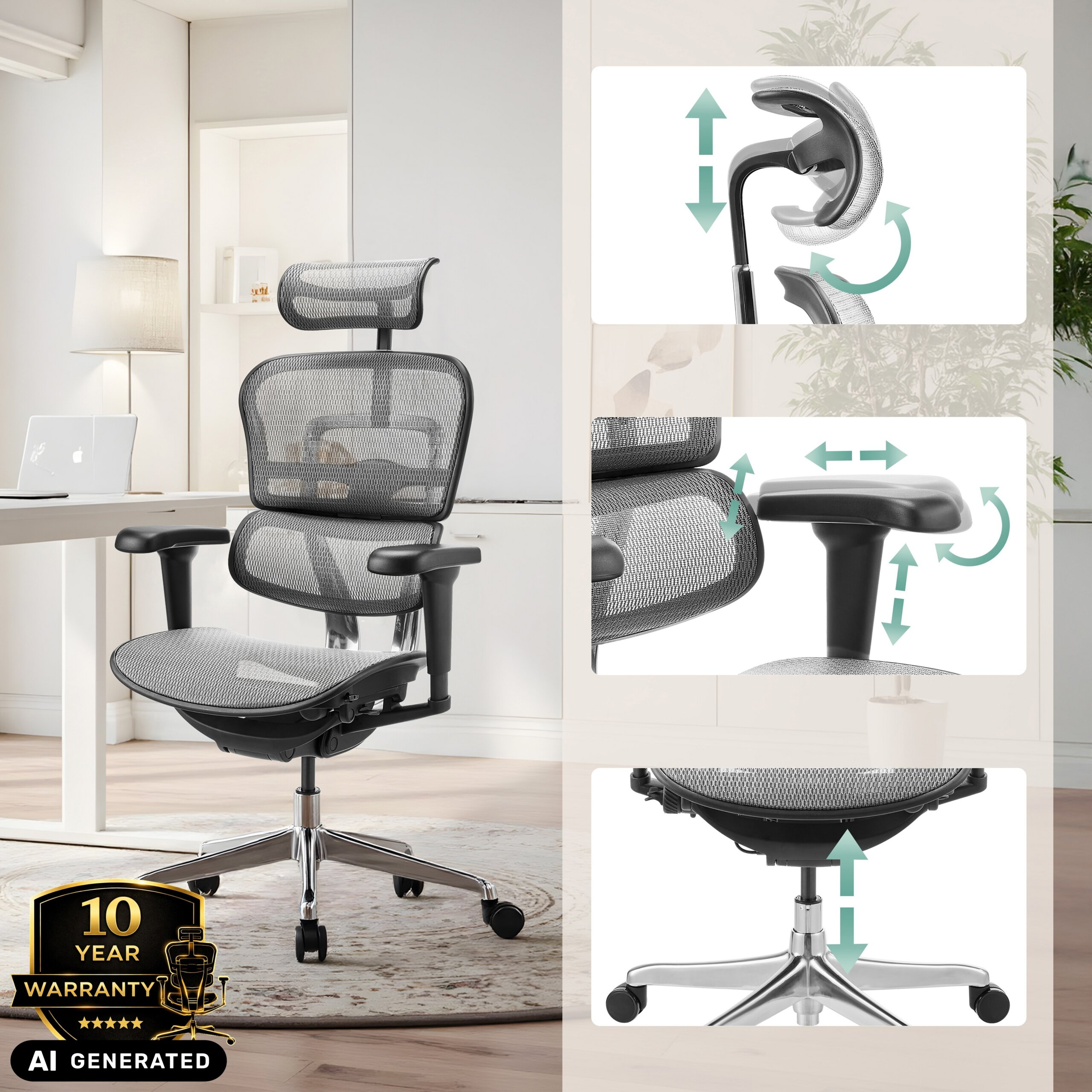 Ergonomischer Buerostuhl mit Netzgewebe, verstellbarer Kopfstuetze, Armlehnen und Sitzhoehe in hellem Raum.