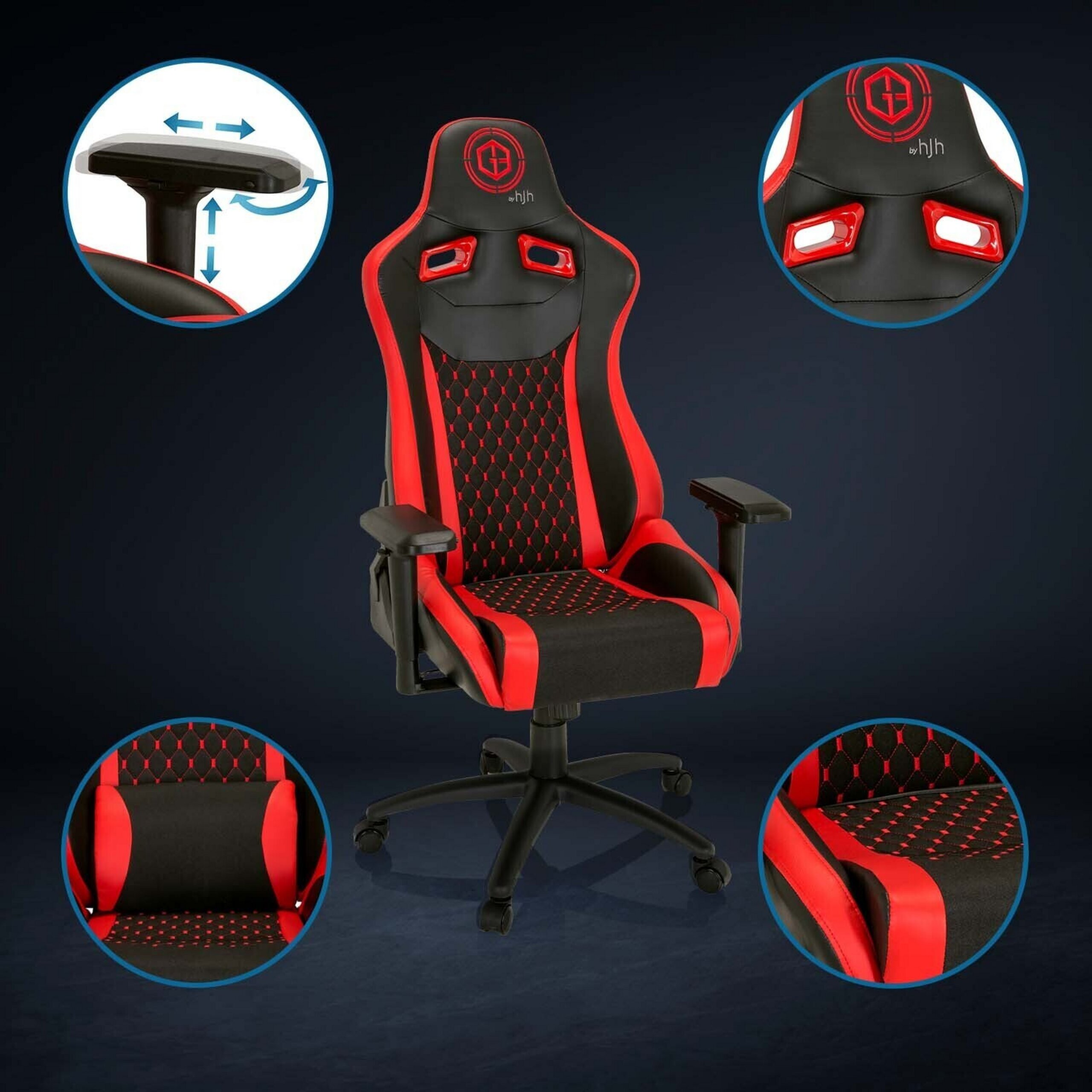Ein rot-schwarzer Gaming-Stuhl mit Rollen, Logos und verstellbaren Armlehnen vor dunklem Hintergrund.