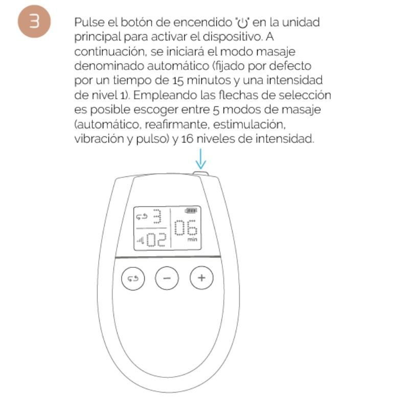 Instrucciones para operar un dispositivo de masaje con pantalla y botones.