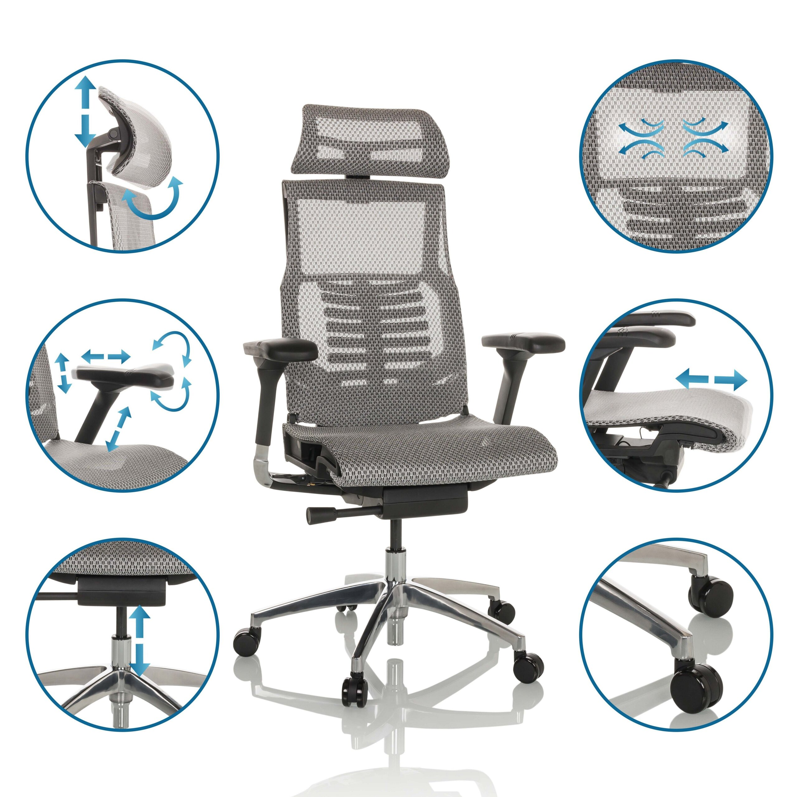 Grauer ergonomischer Buerostuhl mit Netzgewebe und verstellbaren Funktionen in kreisrunden Detailansichten.