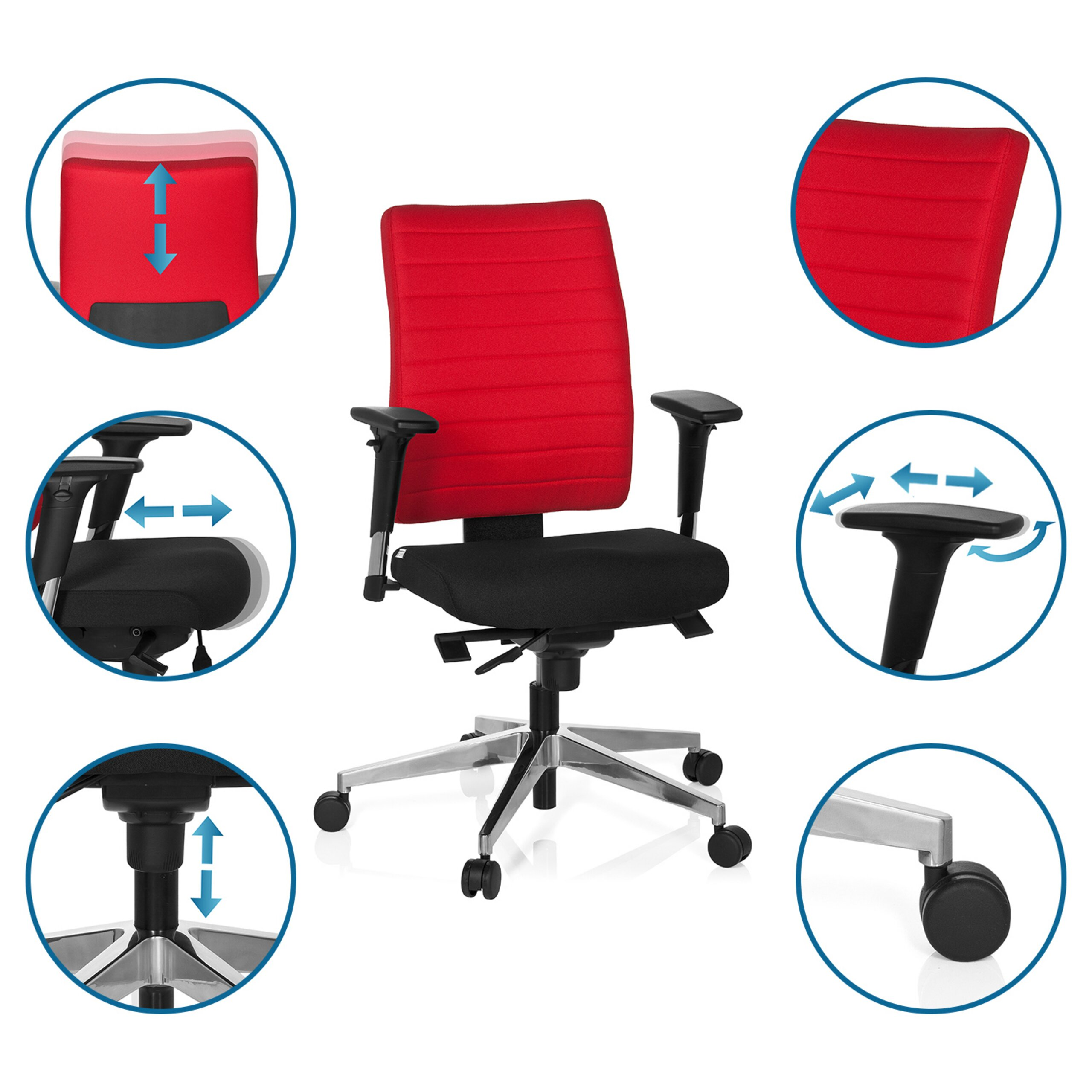 Roter Büro-Drehstuhl mit verstellbarer Rückenlehne, Sitzhöhe, Armlehnen und Rollen auf weißem Hintergrund.