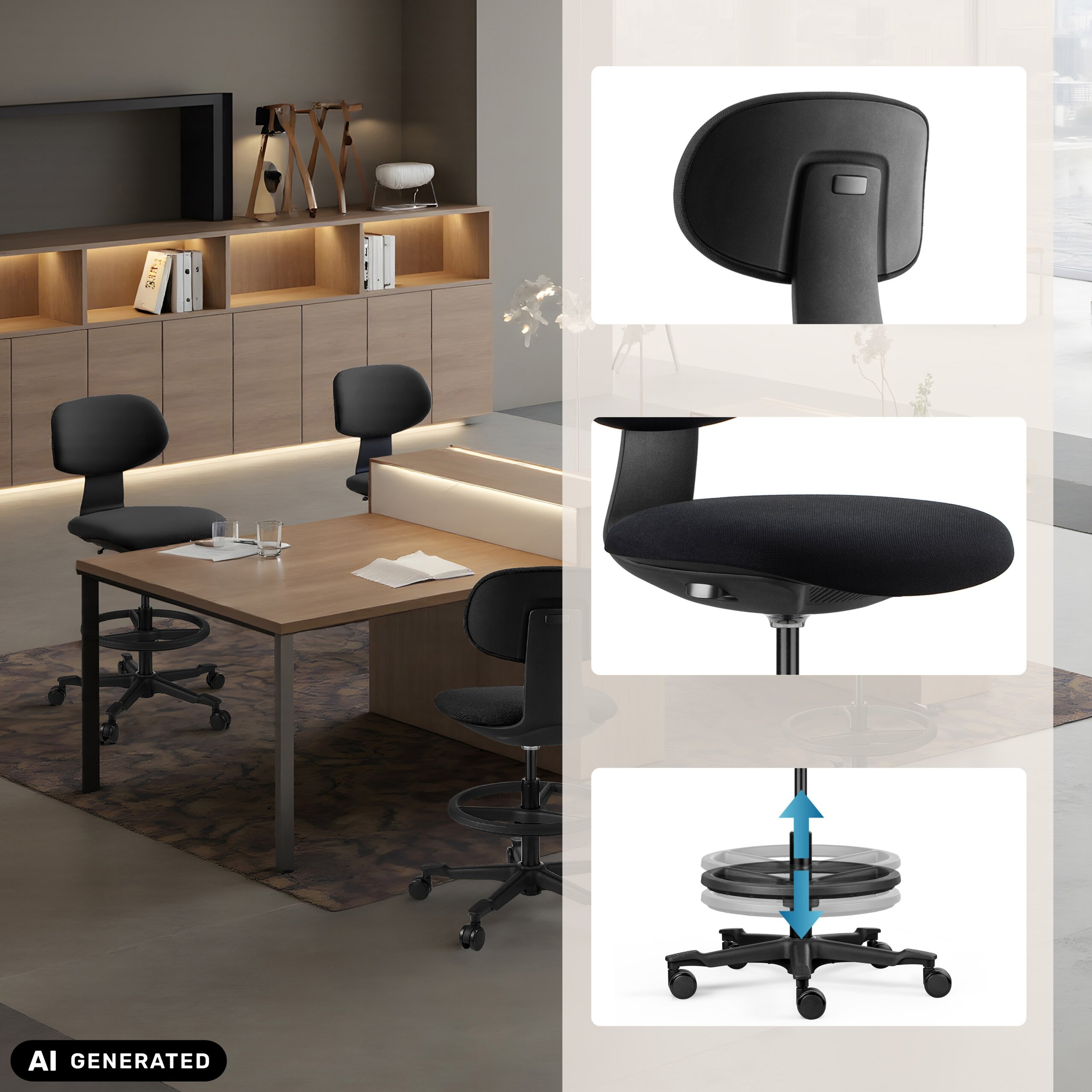 Büroeinrichtung mit Schreibtisch und schwarzen ergonomischen Stühlen, mit Detailansichten von Rückenlehne, Sitz und Fuß.
