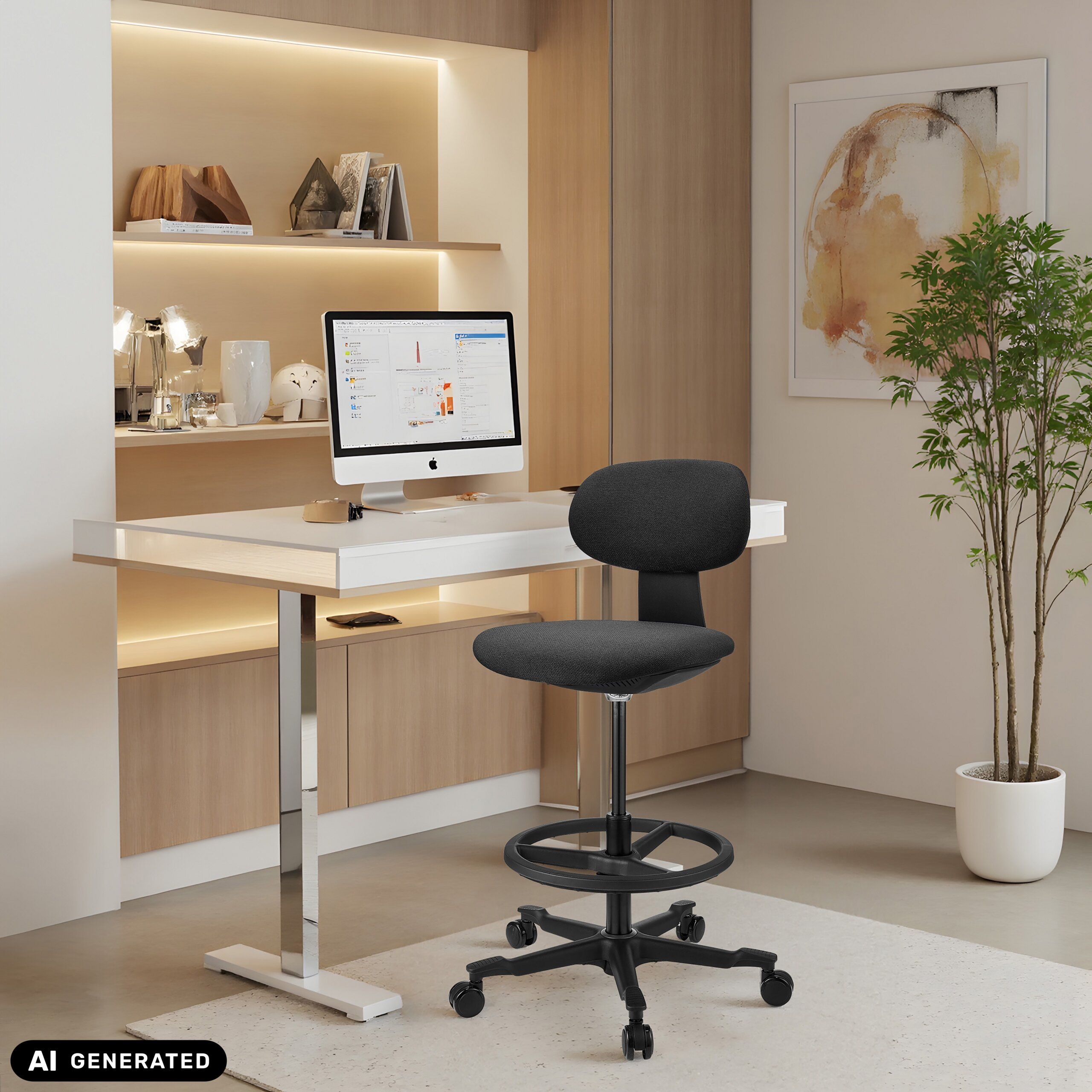 Moderne Büro-Ecke mit weißem Schreibtisch, schwarzem Rollhocker, Computer, beleuchteten Regalen und Zimmerpflanze.