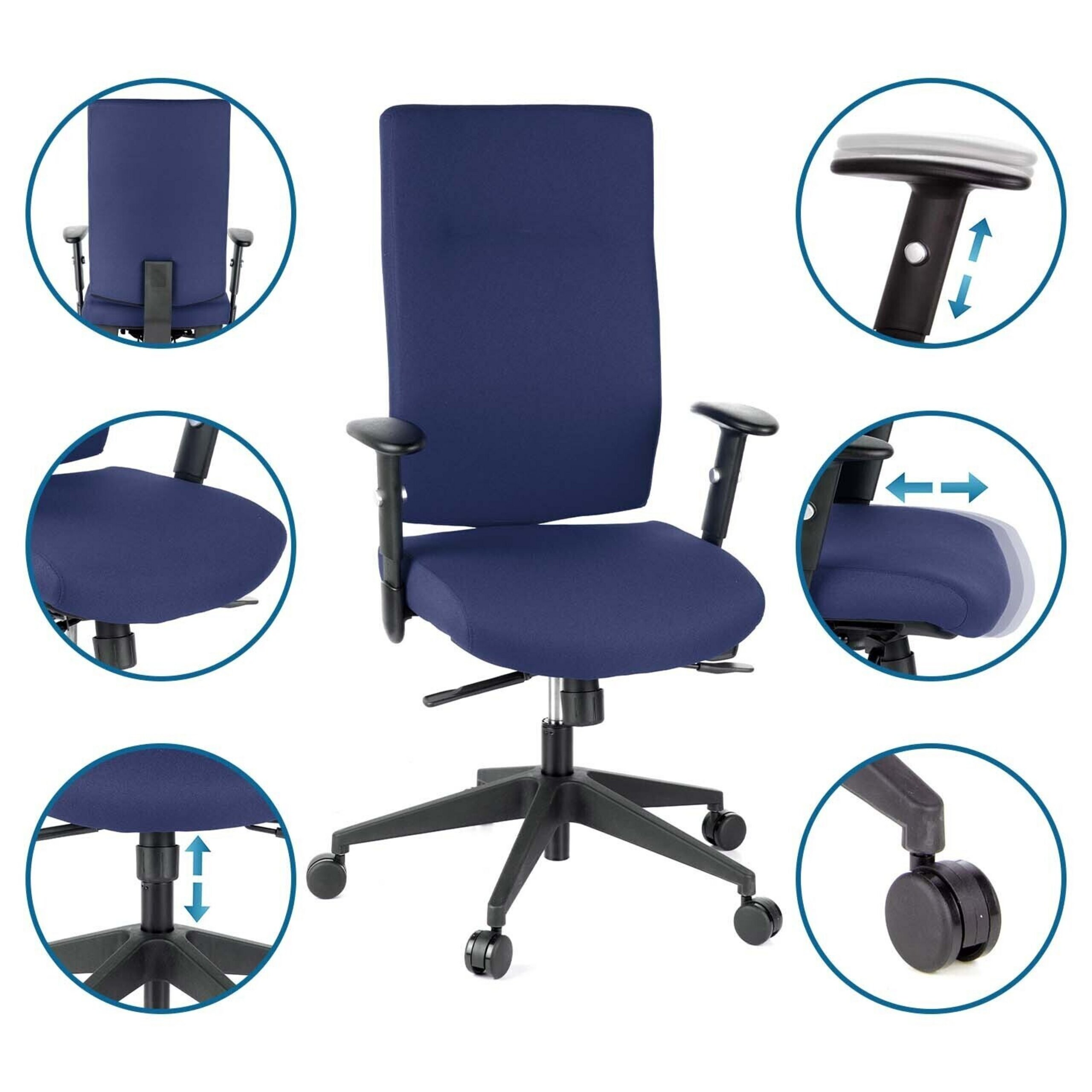 Blauer BÃ¼rostuhl mit verstellbaren Armlehnen, SitzflÃ¤che, RÃ¼ckenlehne, HÃ¶he und Rollen in kreisrunden Ausschnitten.