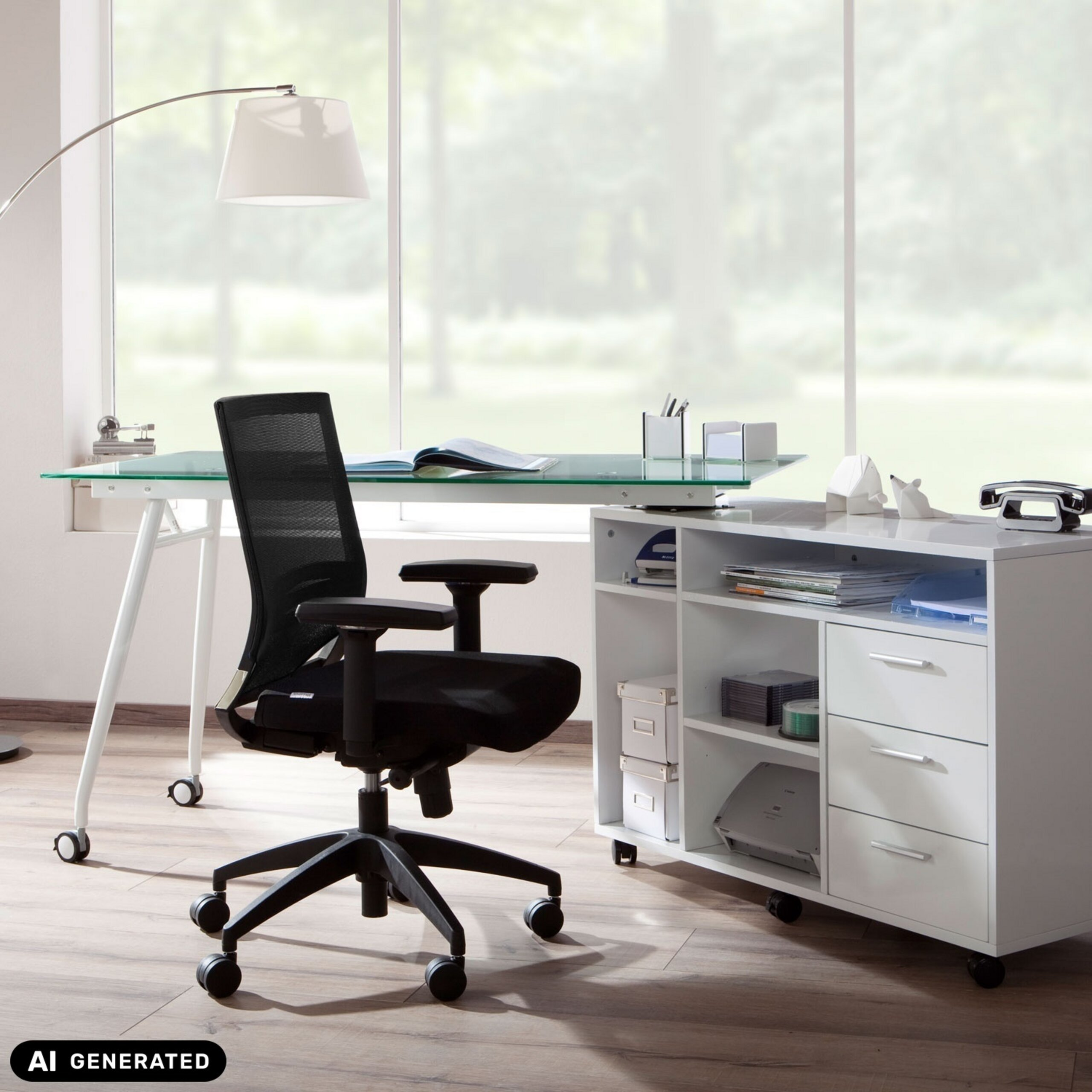 Ein modernes Arbeitszimmer mit schwarzem Netzstuhl, Glastisch, weißem Regal und großem Fenster.