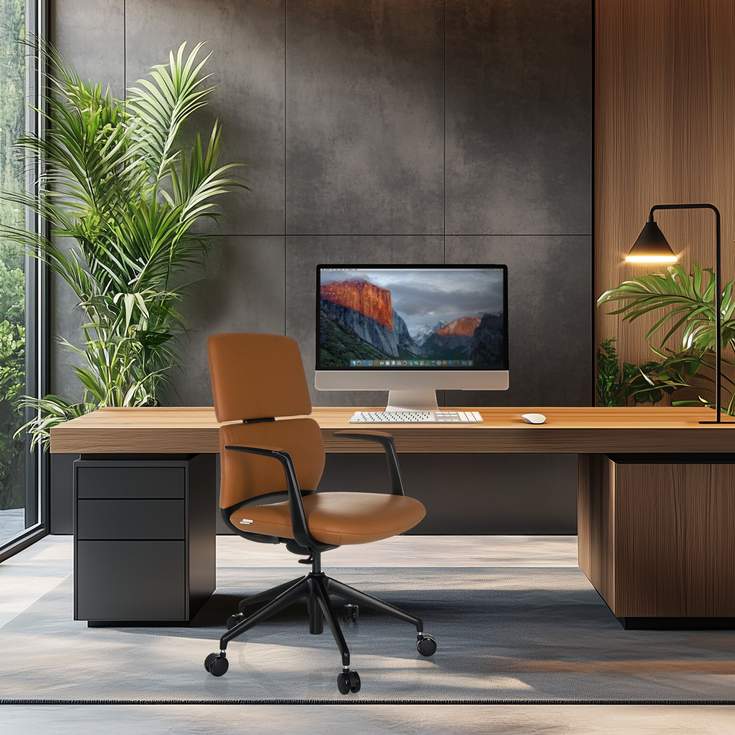 Ein modernes Arbeitszimmer mit Holzschreibtisch, braunem Lederstuhl, Computer, Pflanzen und Lampe.