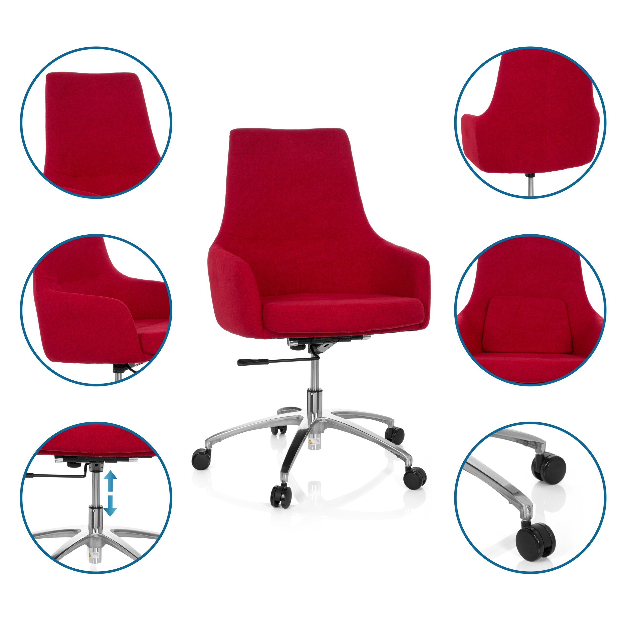 Ein roter Bürostuhl mit silbernem Fuß, Rollen und verstellbarer Höhe, umgeben von Detailkreisen.