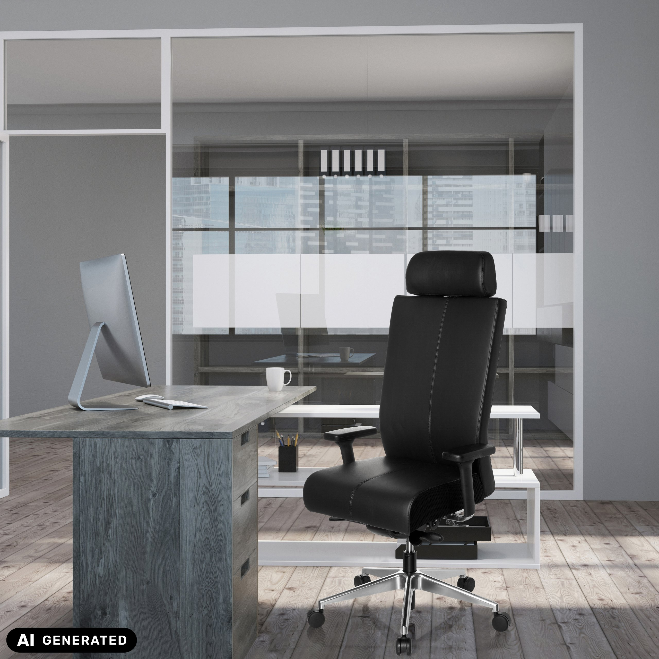 Ein modernes Büro mit Holztisch, Computer und schwarzem Chefsessel vor einer Glastrennwand.