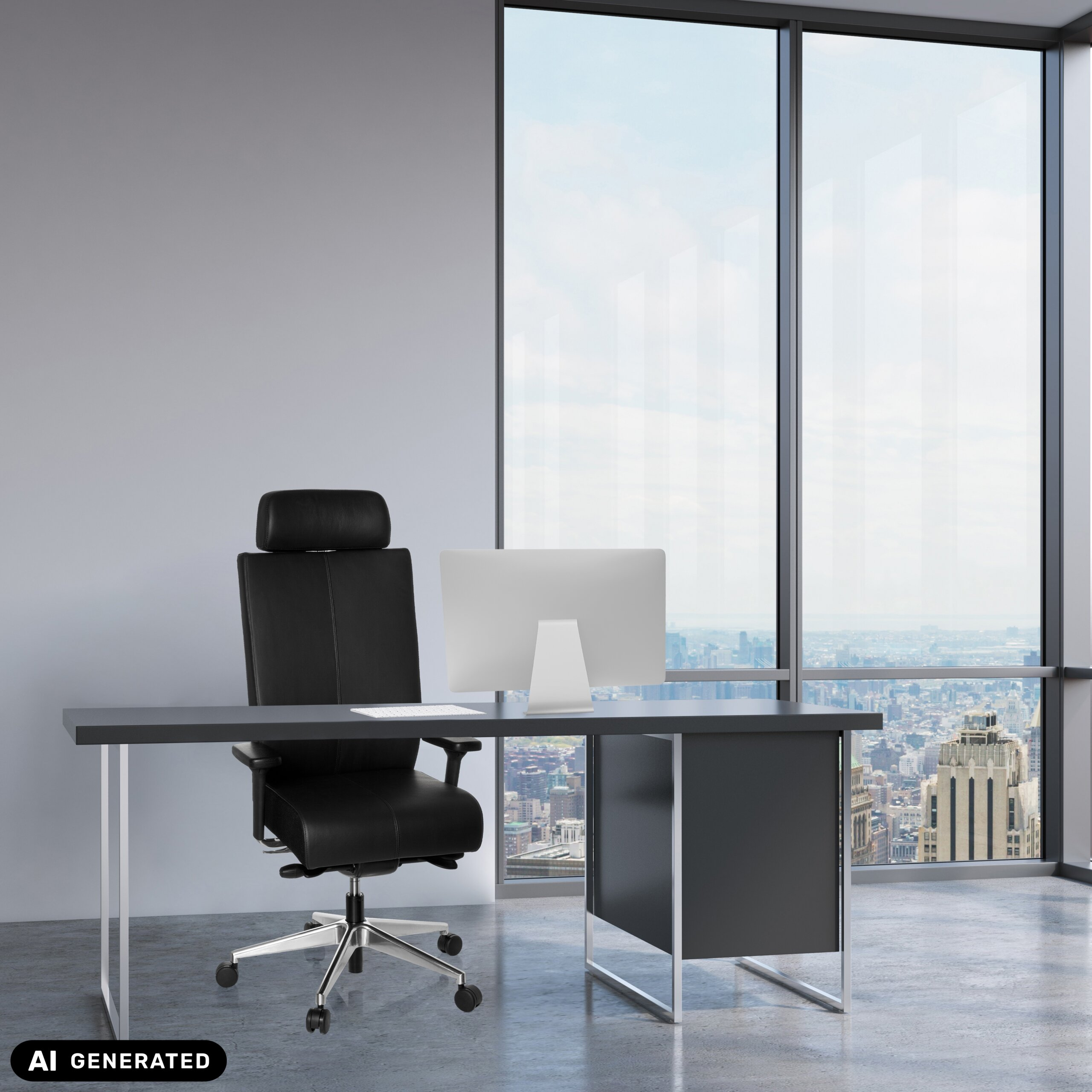 Moderne Büroeinrichtung mit schwarzem Stuhl, Schreibtisch und Computer vor großem Stadtfenster.
