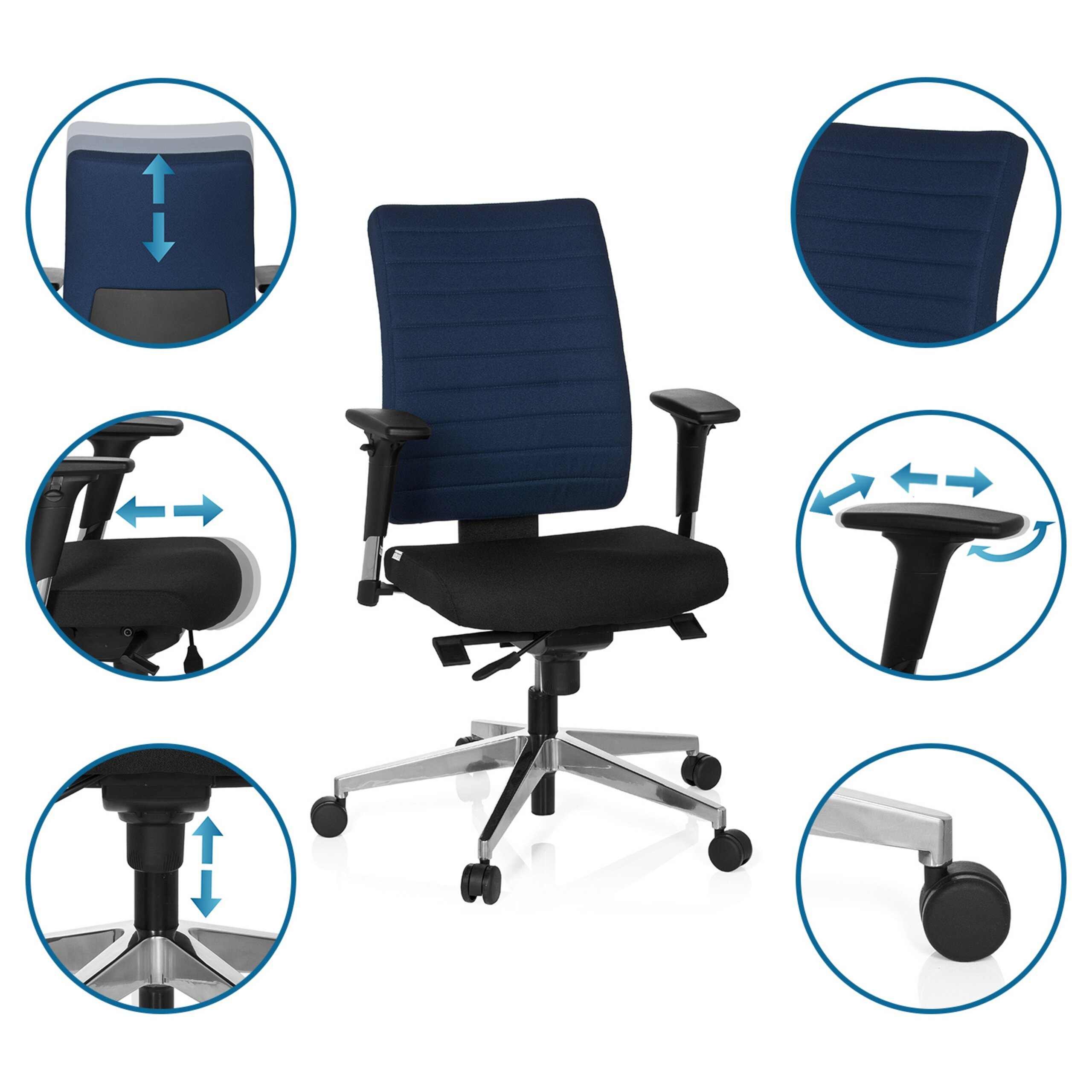 Ein blau-schwarzer Burostuhl mit verstellbaren Funktionen, die in umliegenden Kreisen gezeigt werden.