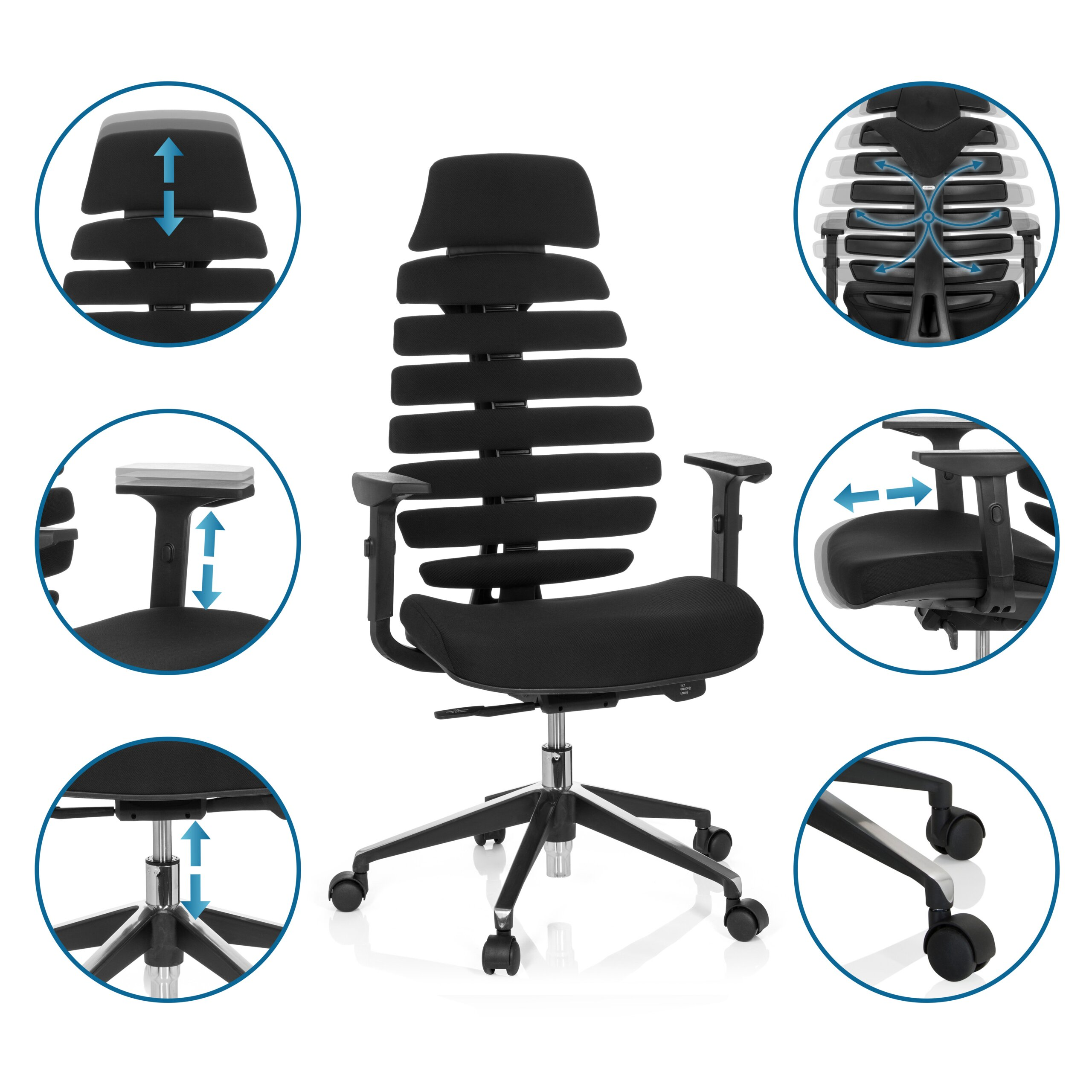 Schwarzer ergonomischer Buerostuhl mit verstellbaren Funktionen wie Kopfstuetze und Armlehnen in Kreisen gezeigt.