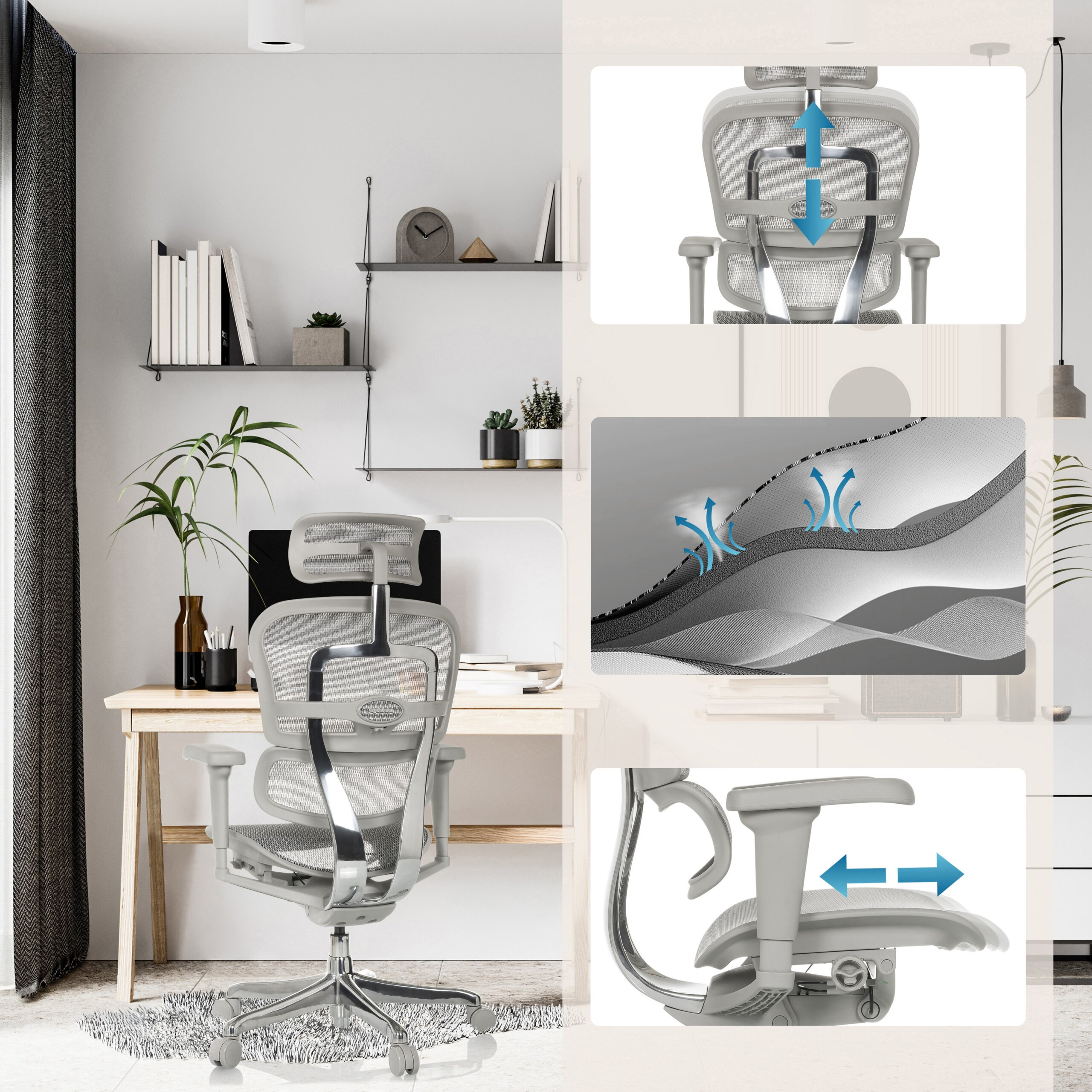 Grauer ergonomischer Buerostuhl in modernem Arbeitszimmer mit Funktionsdetails.