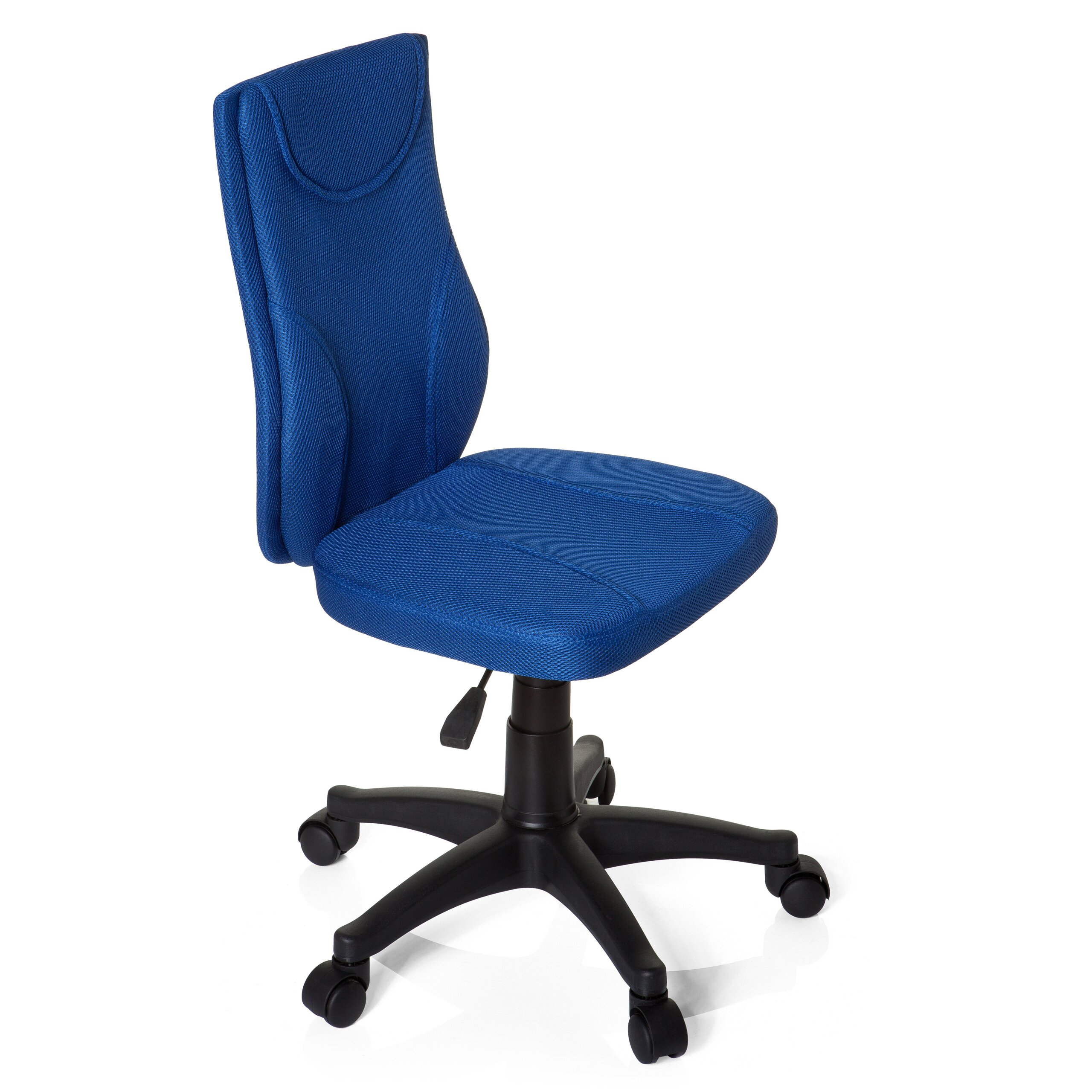 Ein blauer ergonomischer Bürostuhl mit schwarzem Rollenfuß vor weißem Hintergrund.