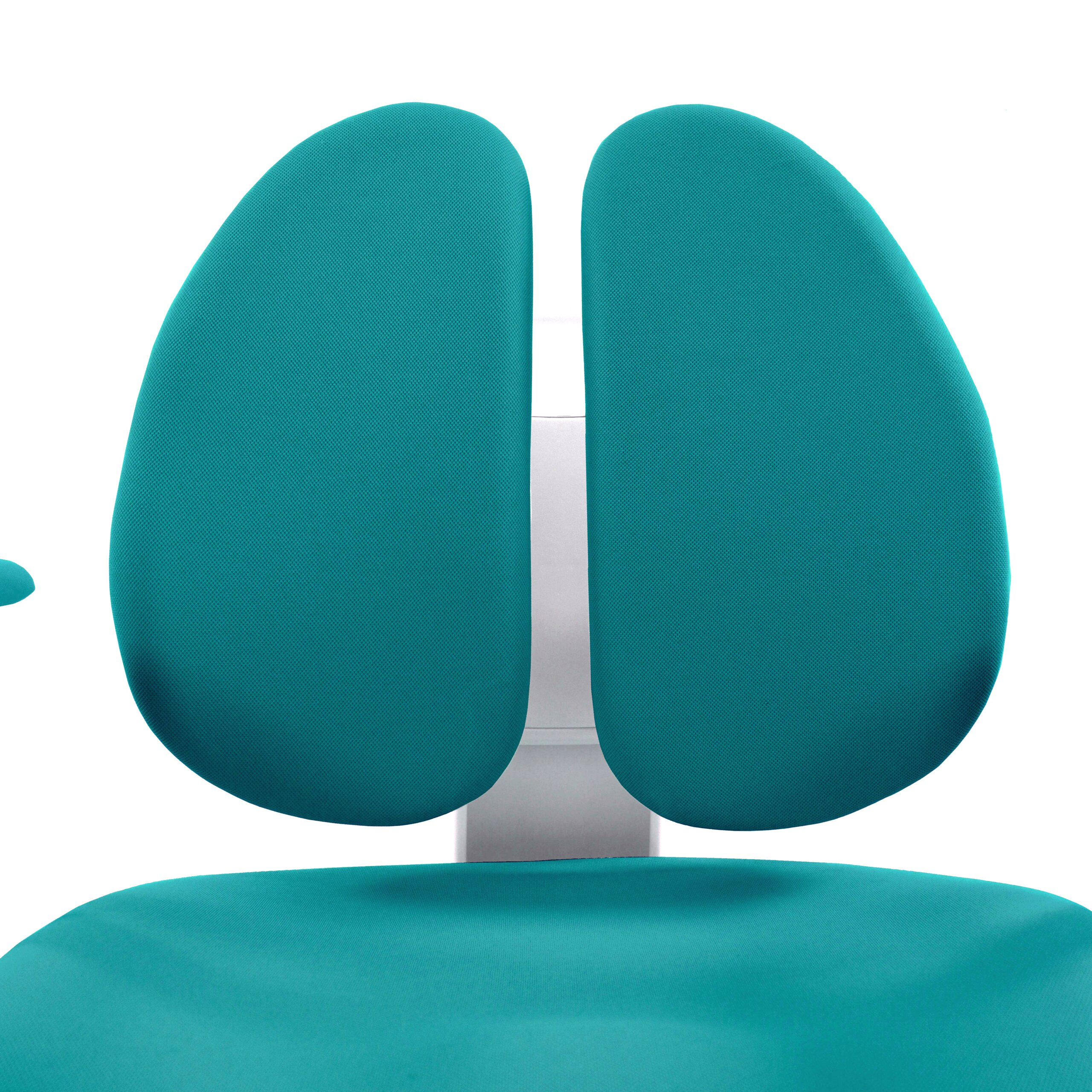 Nahaufnahme einer ergonomischen Bürostuhl-Rückenlehne mit zwei türkisen Kissen vor weißem Hintergrund.