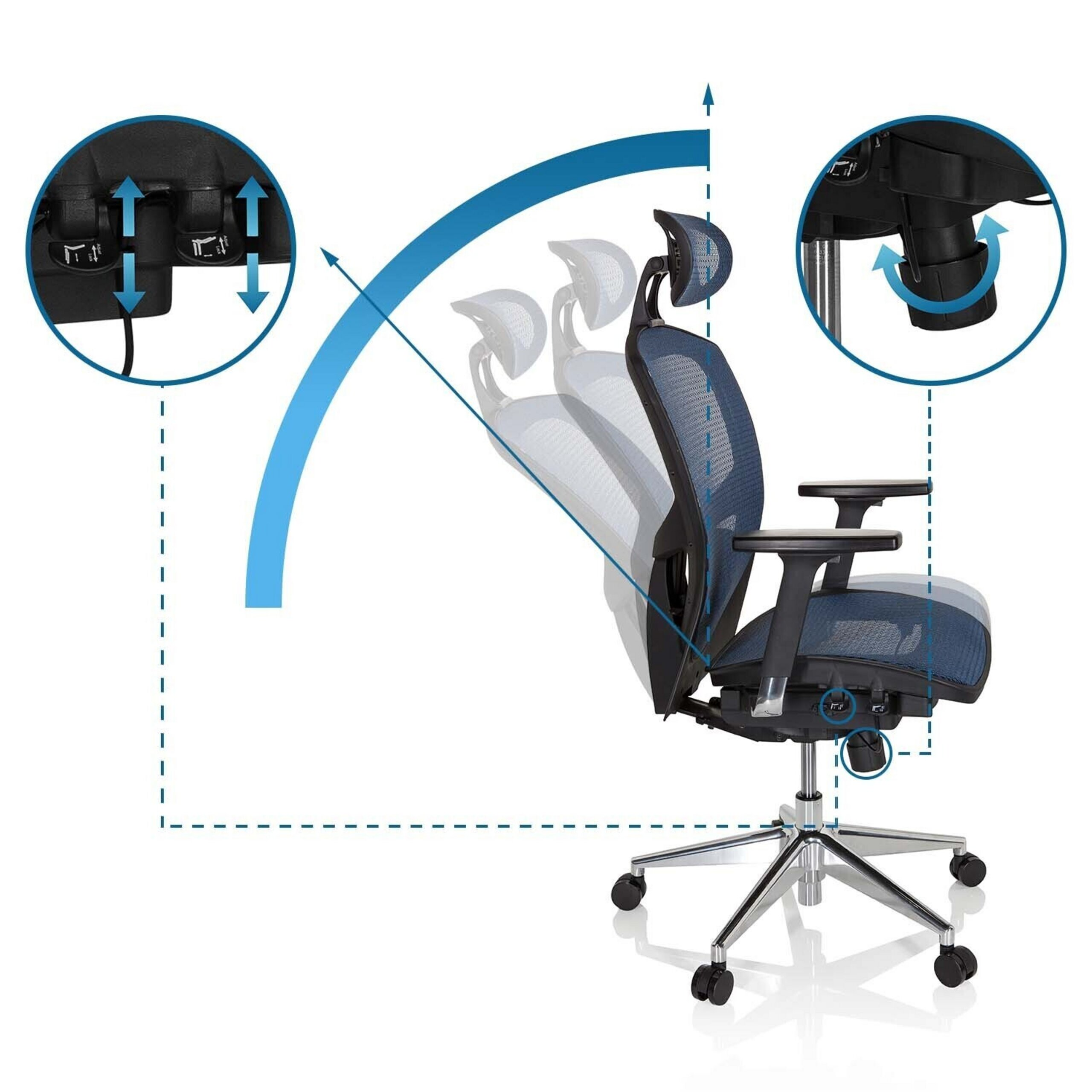 Ein ergonomischer blauer Netz-Bürostuhl zeigt die Neigungsverstellung mit Diagrammen in kreisförmigen Einsätzen.