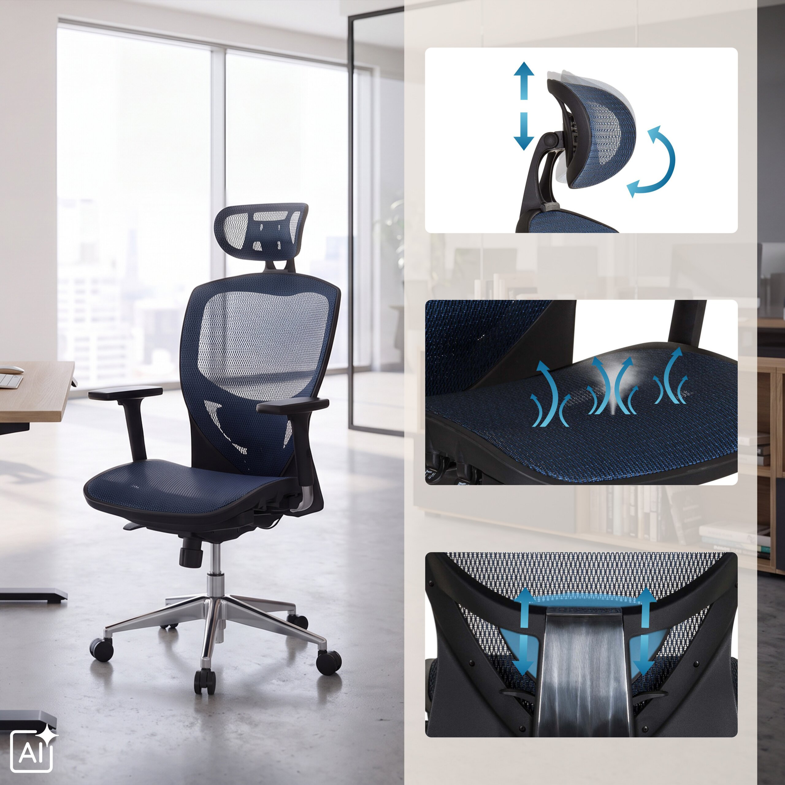 Ergonomischer blauer Netz-Bürostuhl mit verstellbarer Kopfstütze und Sitzfläche, mit Funktions-Detailbildern.