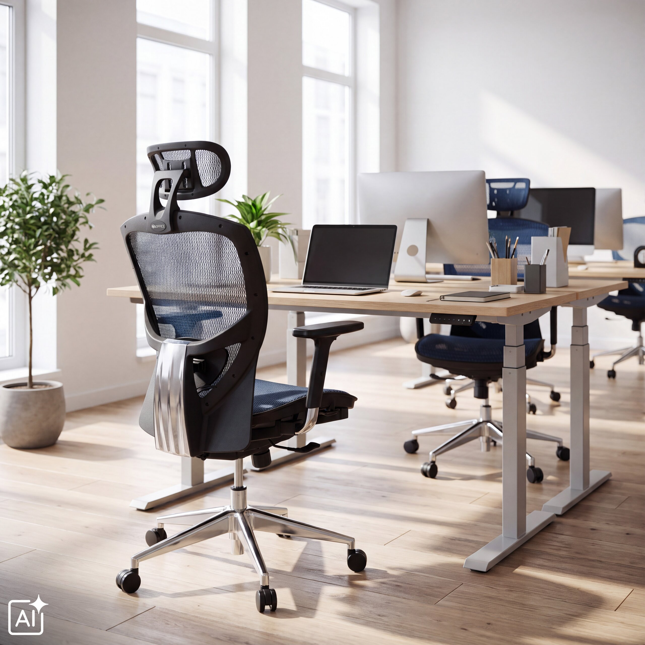 Moderne Büroumgebung mit ergonomischen Stühlen, Holzschreibtischen, Computern und großen Fenstern.