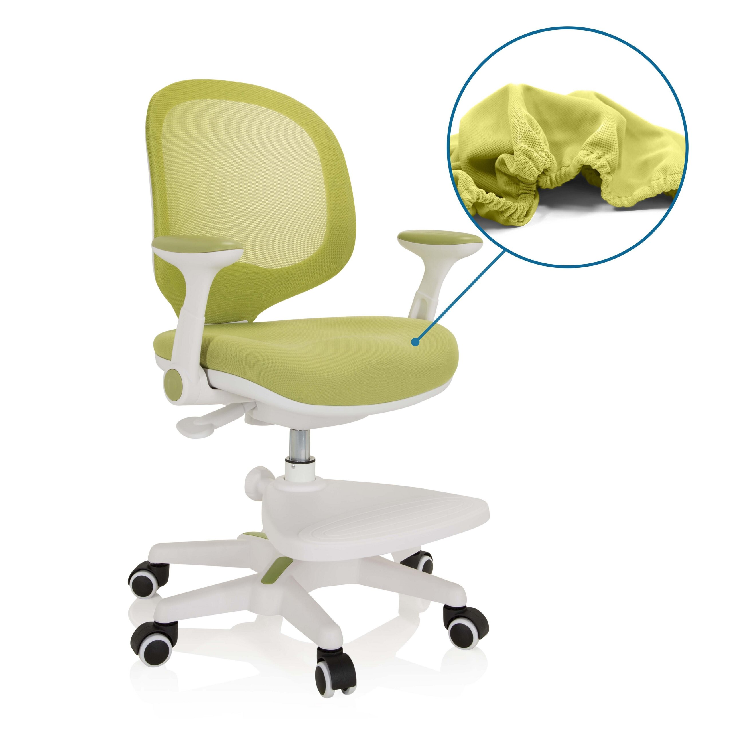 Grüner, weißer ergonomischer Kinder-Schreibtischstuhl mit Rollen, Fußstütze und Nahaufnahme des Stoffbezugs.