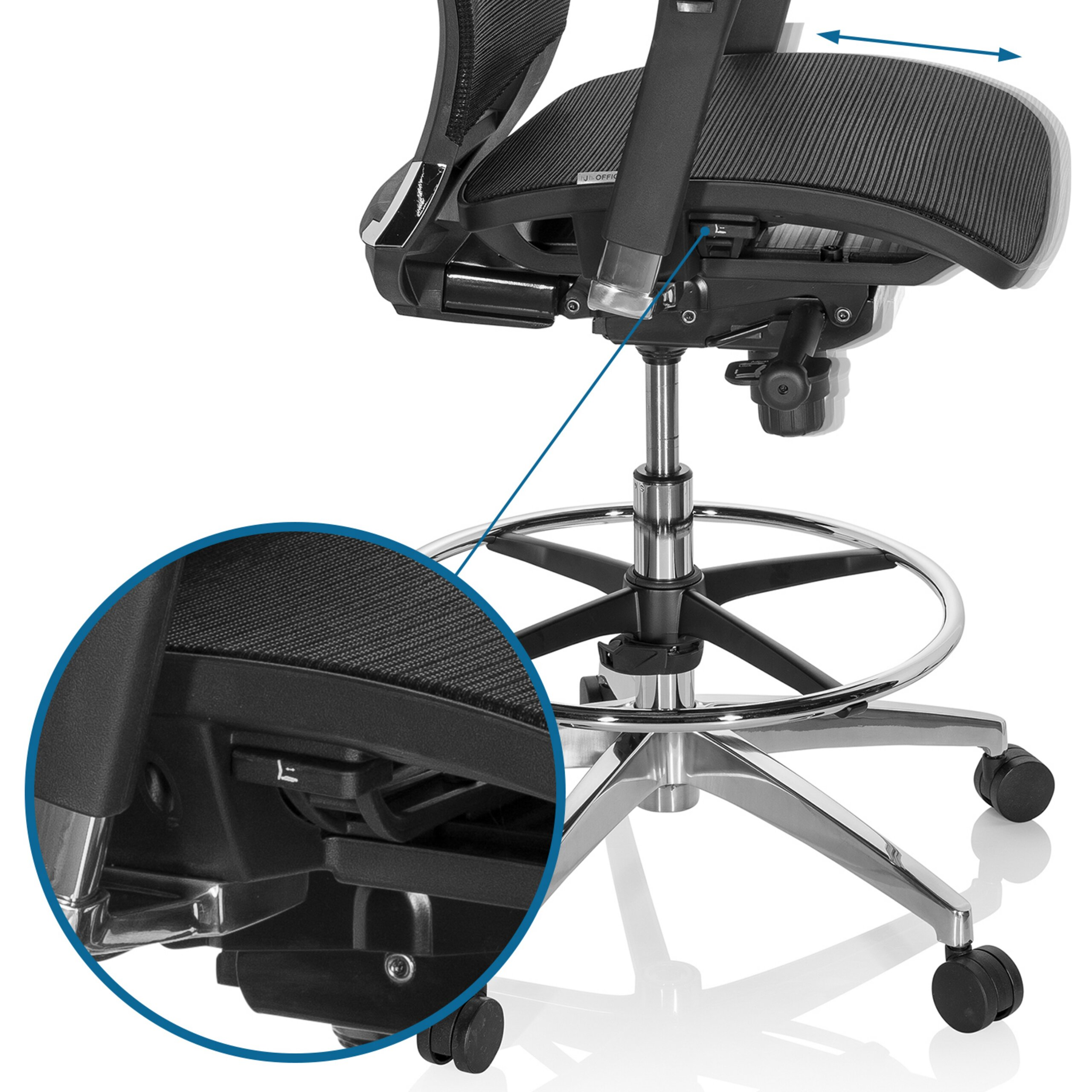 Bürostuhl mit Mesh-Sitzfläche und verstellbarer Sitziefe, Detailansicht des Hebels.