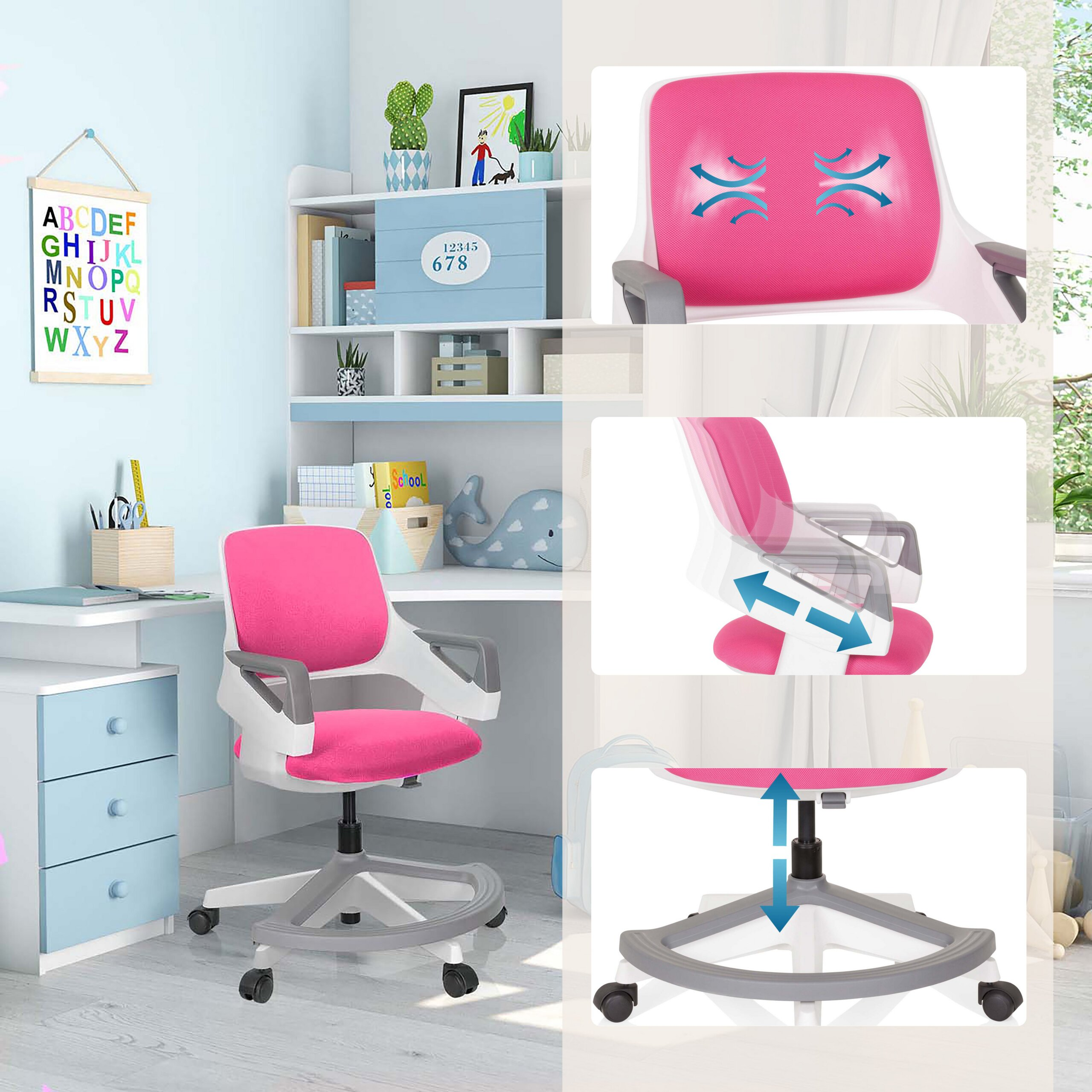 Rosa-weißer Kinderdrehstuhl mit höhenverstellbarem Sitz und Armlehnen in einem kinderzimmer.
