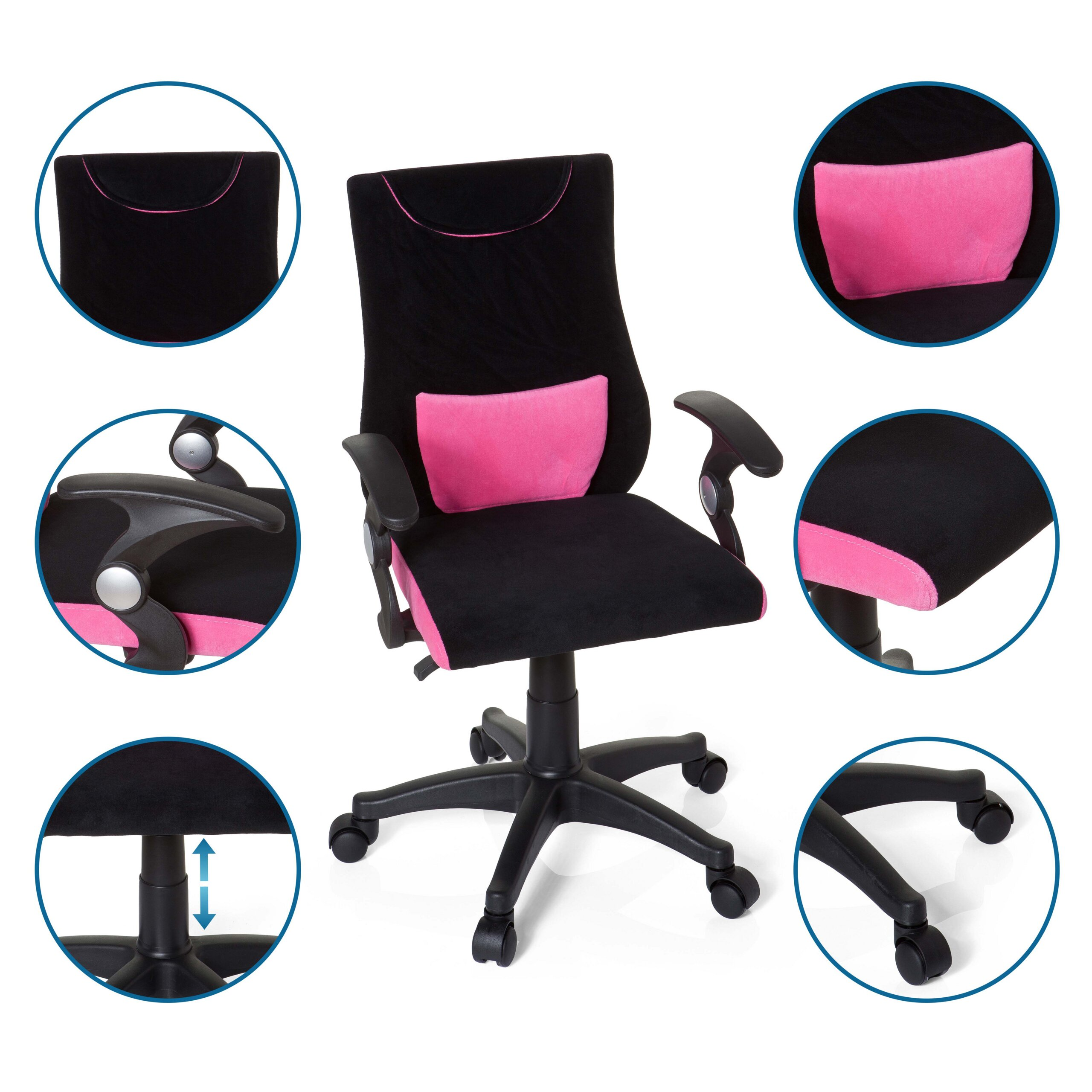 Ein schwarz-pinker Schreibtischstuhl mit Rollen und Detailaufnahmen von Kissen, Armlehnen und der Höhenverstellung.