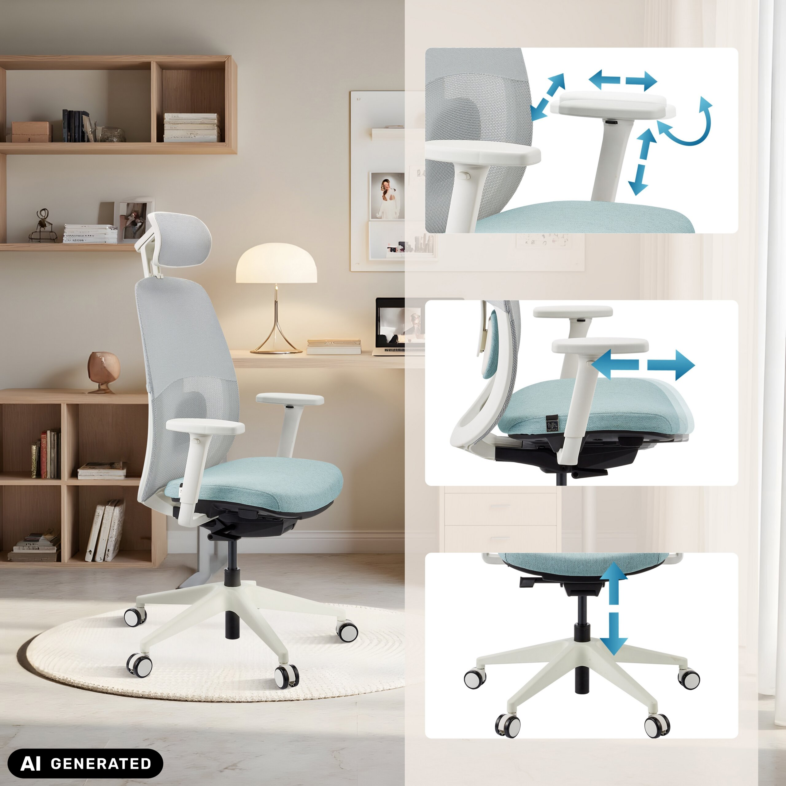 Ergonomischer Bürostuhl mit blauem Sitz, weißem Rahmen und verstellbaren Armlehnen mit Bewegungspfeilen.