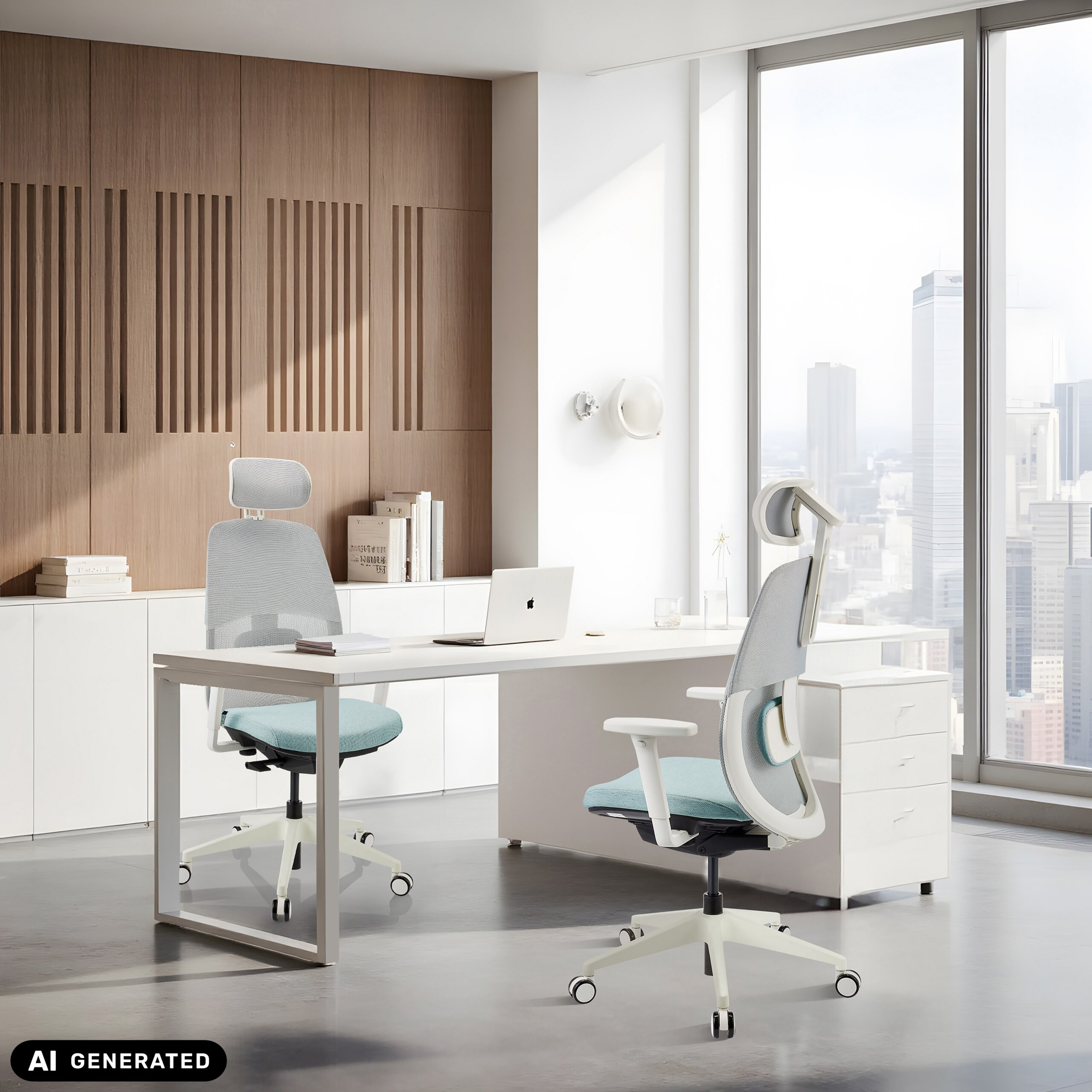 Moderne Büro-Innenarchitektur mit zwei hellen Stühlen und einem Schreibtisch vor einer großen Fensterfront mit Stadtblick.