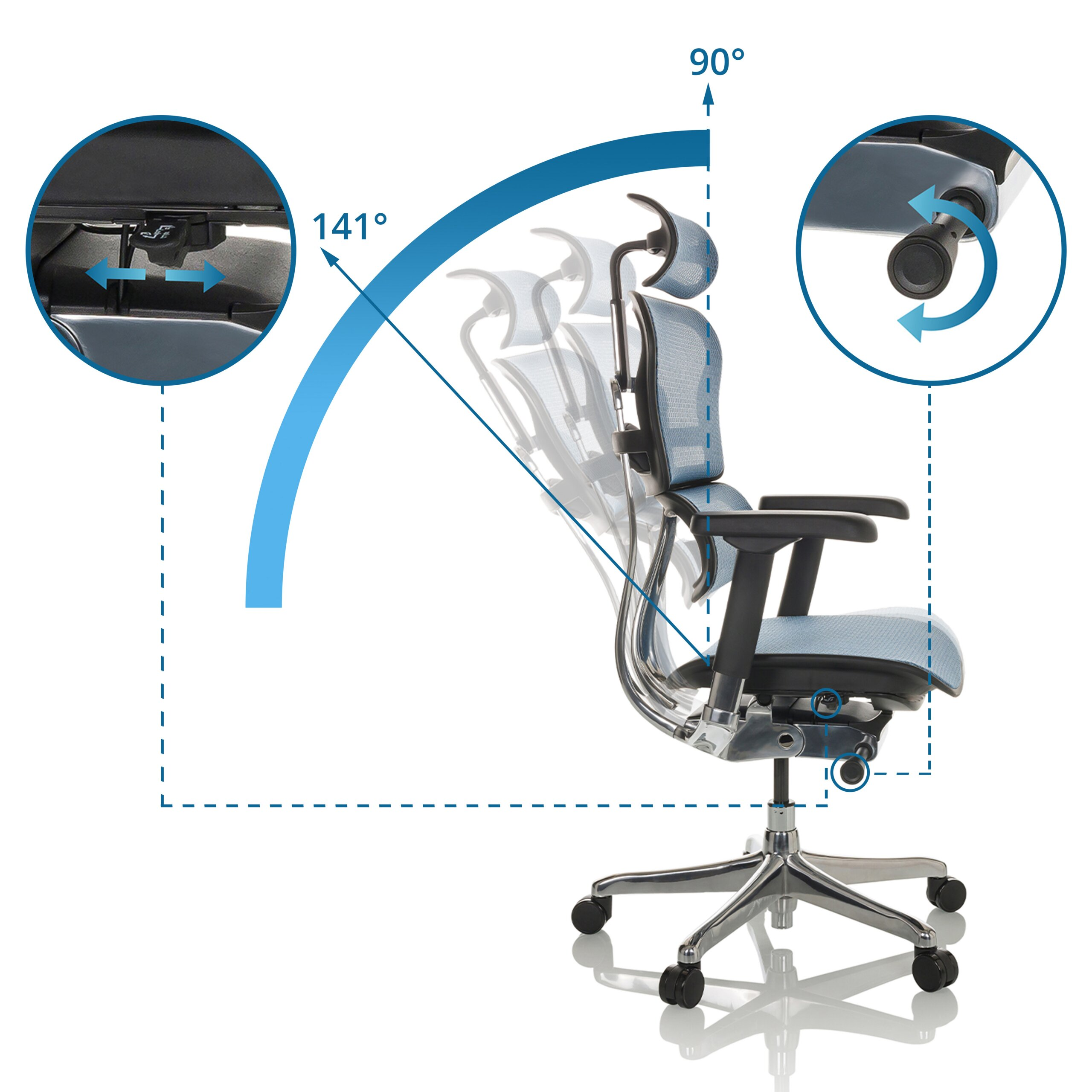 Ergonomischer Schreibtischstuhl mit verstellbarer Neigung und Knöpfen für die Mechanik.