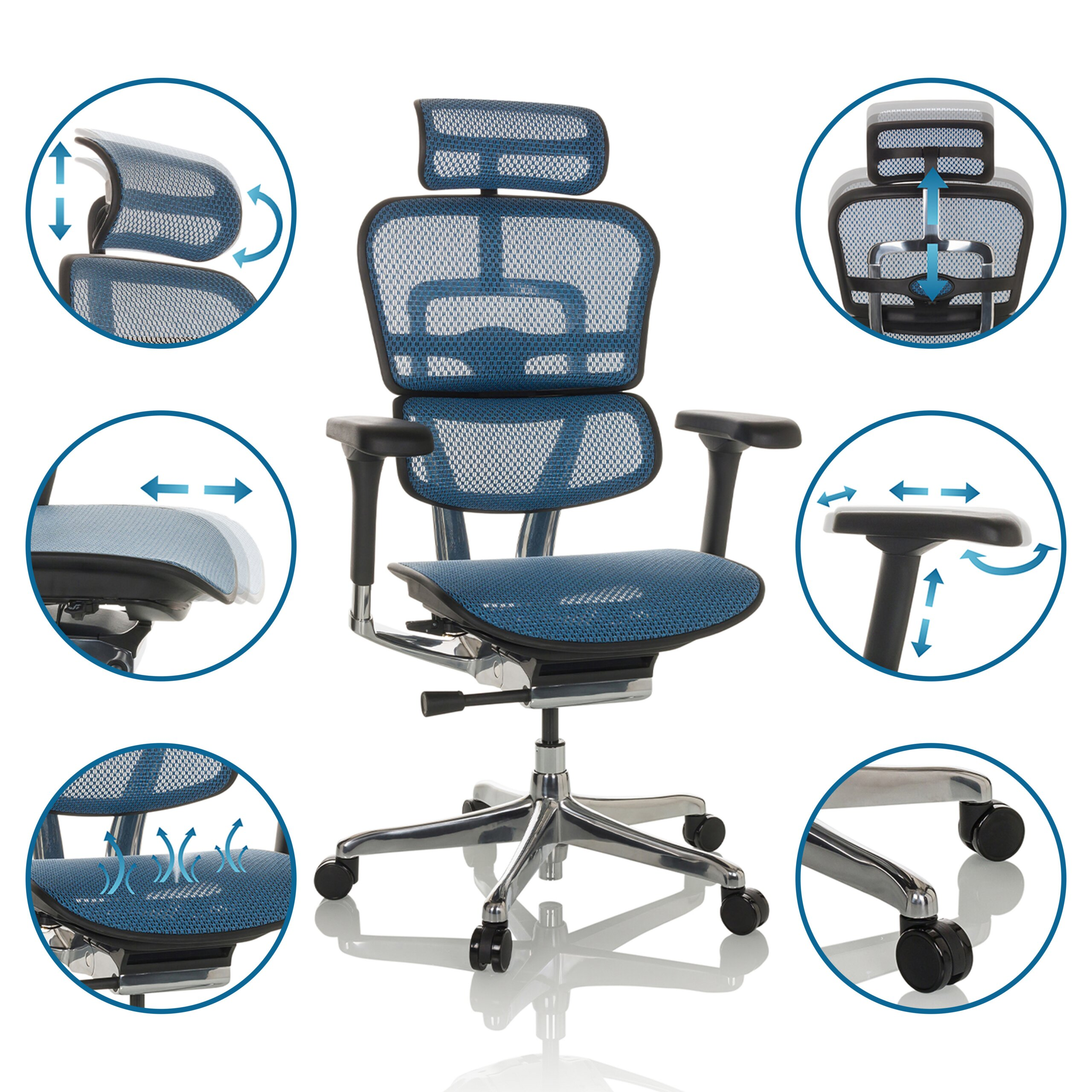 Ein blauer ergonomischer Buerostuhl mit verstellbarer Kopfstuetze, Armlehnen und Rollen, umgeben von Detailansichten.