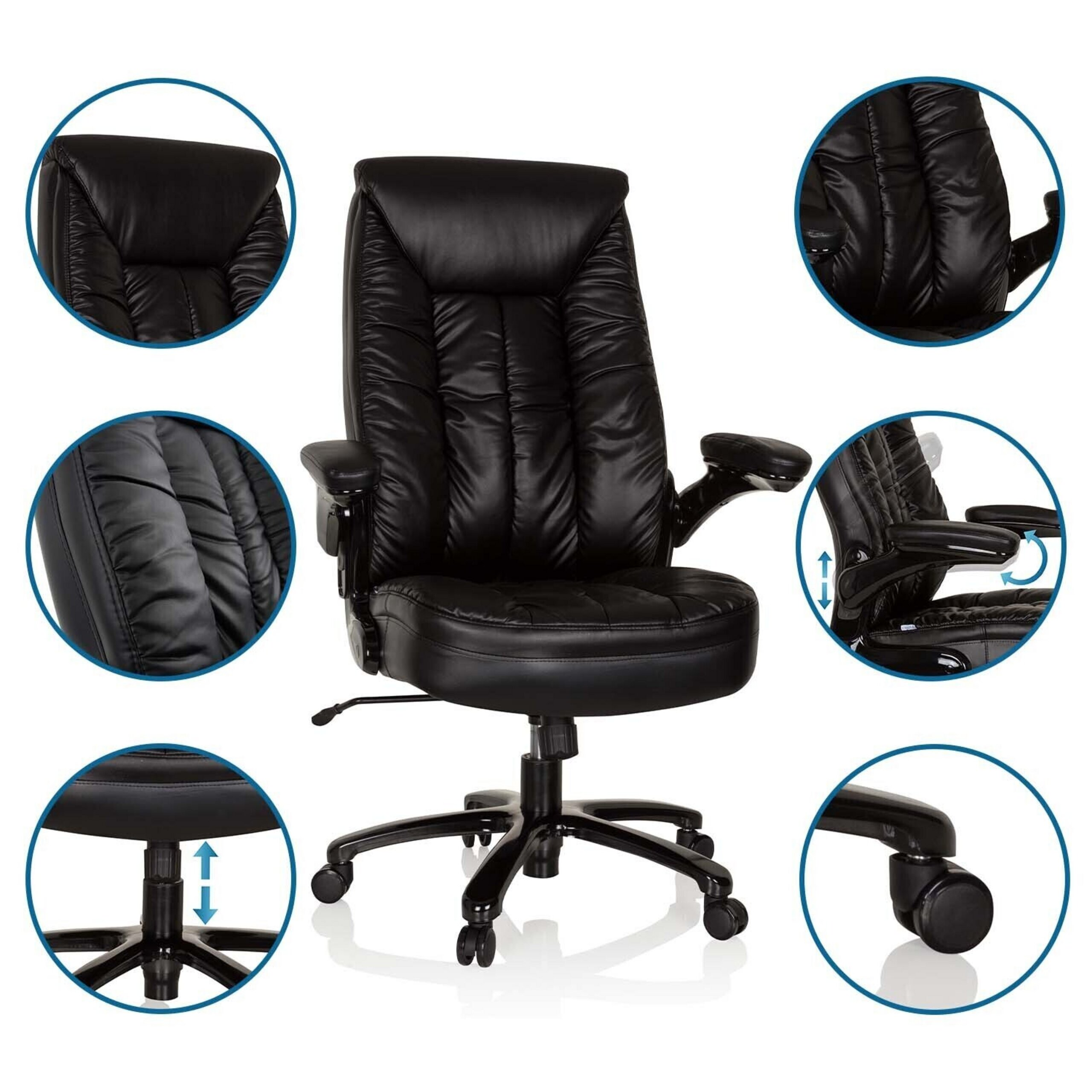 Ein schwarzer Leder-Bürostuhl mit Armlehnen und Rollen, umgeben von Detailkreisen.