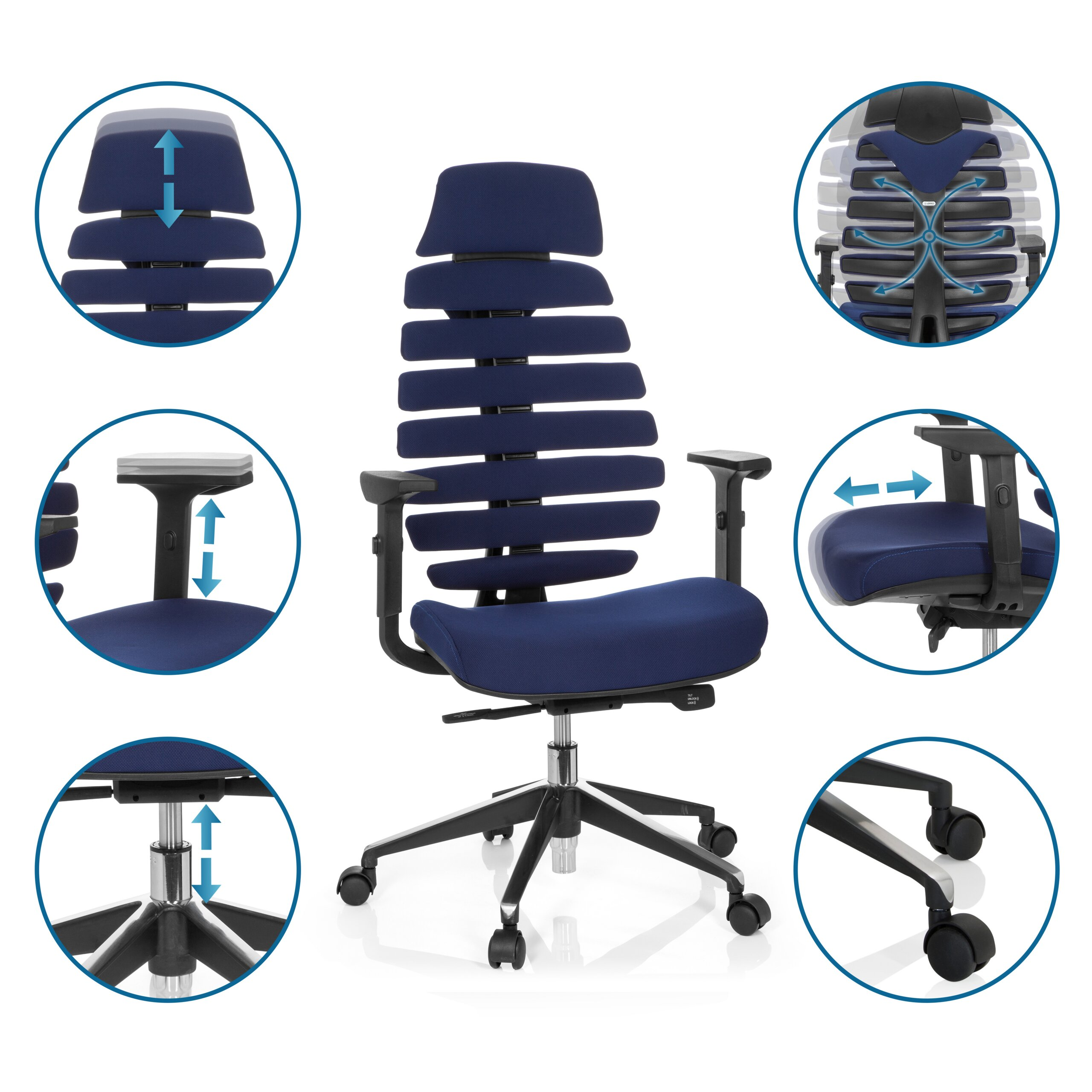 Ergonomischer blauer Buerostuhl mit verstellbaren Funktionen wie Hoehe, Armlehnen und Rueckenlehne.