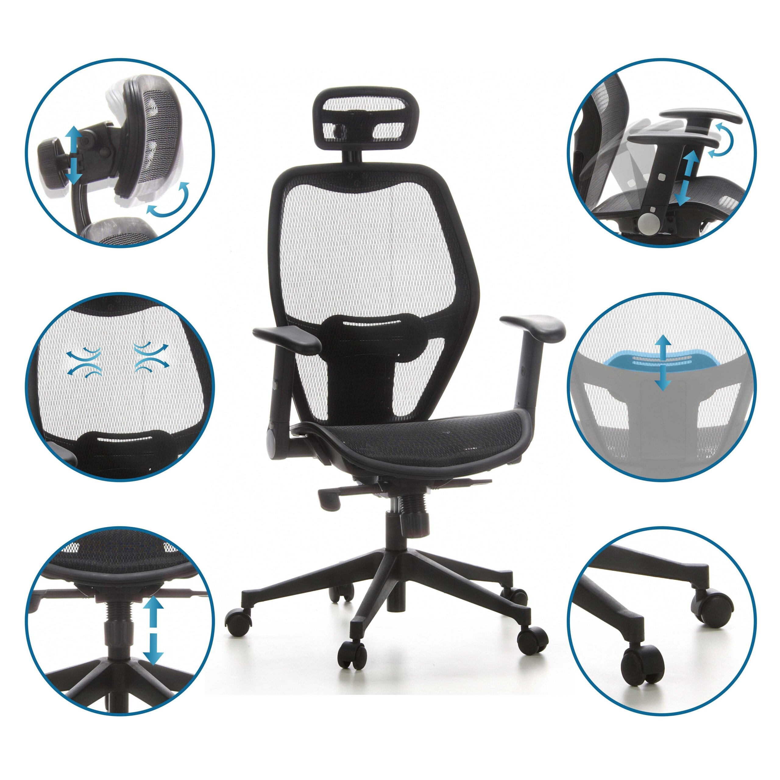 Schwarzer ergonomischer Bürostuhl mit Mesh-Rückenlehne und Funktionsdetails in Kreisen.
