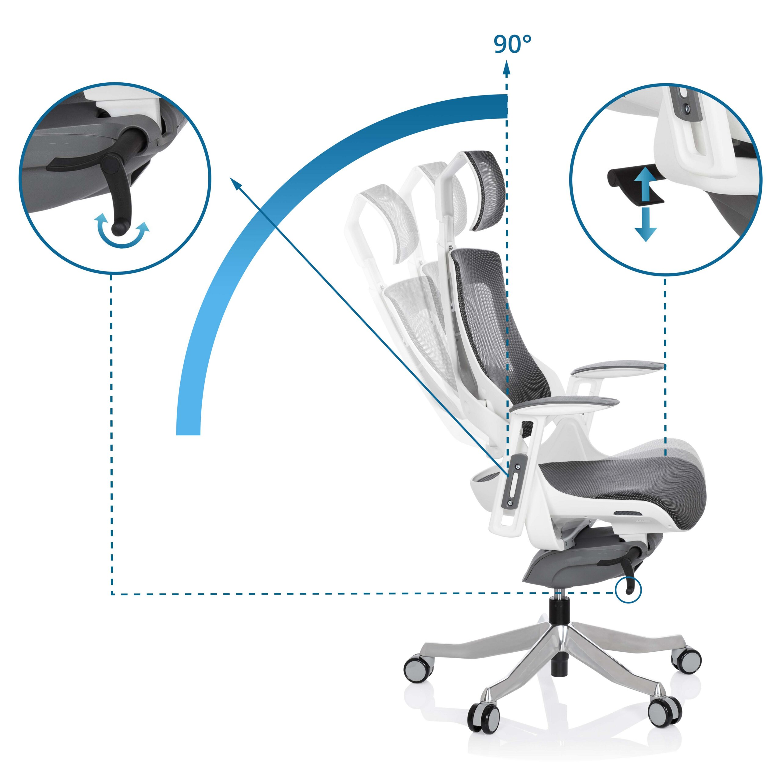 Ergonomischer weiß-grauer Bürostuhl mit verstellbarer Neigung und Lupendetails für Hebel.