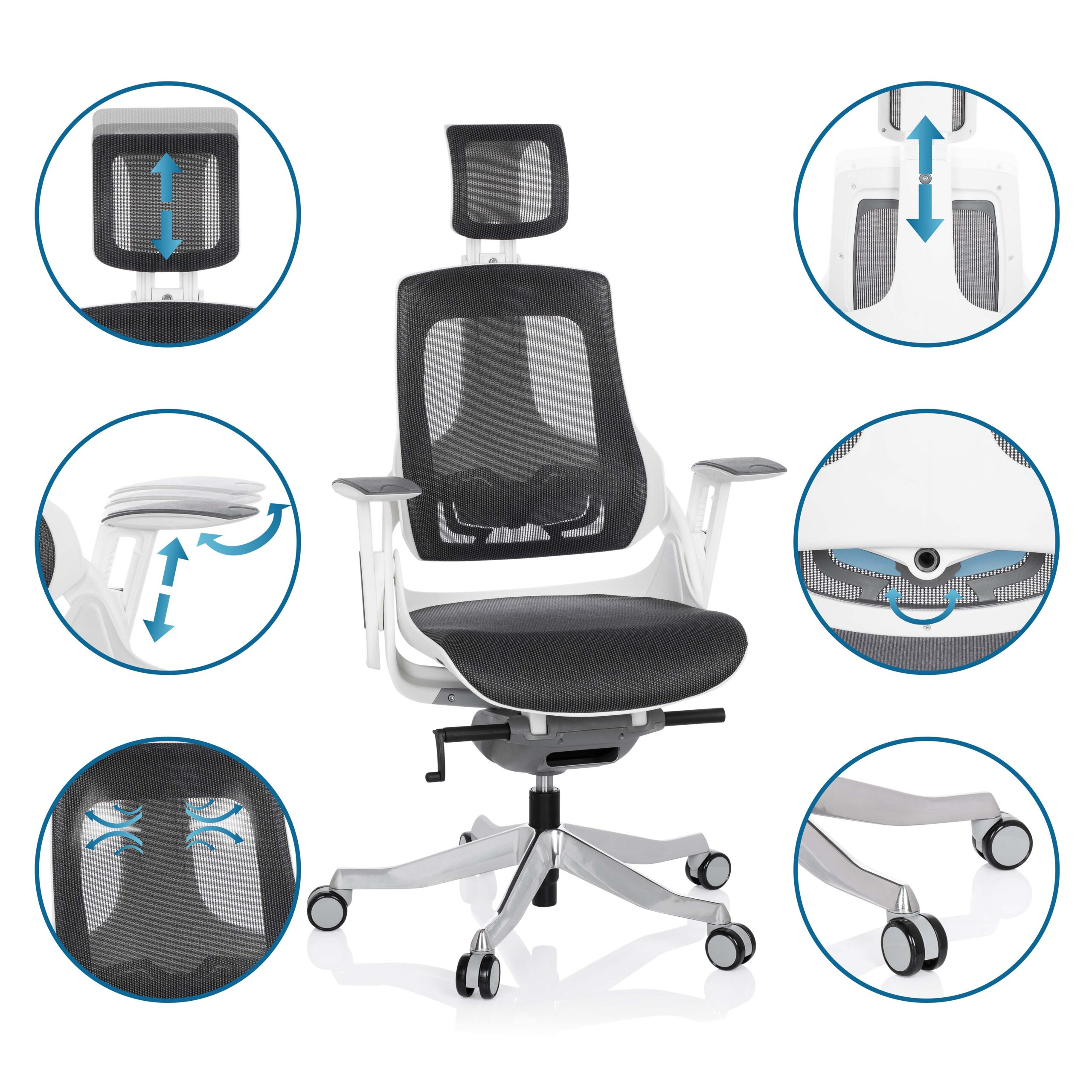 Bürostuhl mit verstellbarer Kopfstütze, Armlehnen, Rückenlehne, Sitz und Rollen auf weißem Hintergrund.