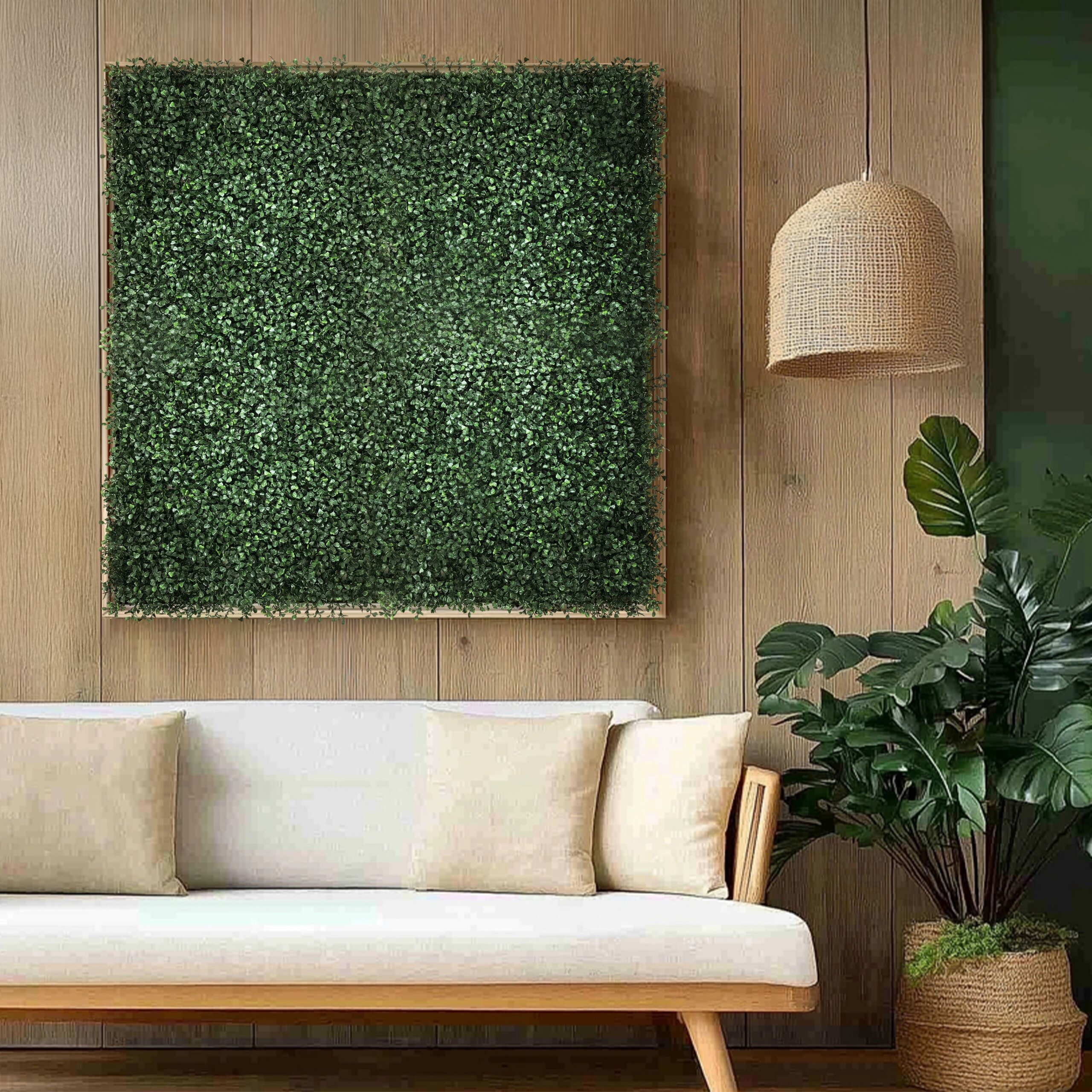 Ein Holzsofa mit Kissen vor holzverkleideter Wand, Pflanzenkunst, geflochtener Hängelampe und Topfpflanze.
