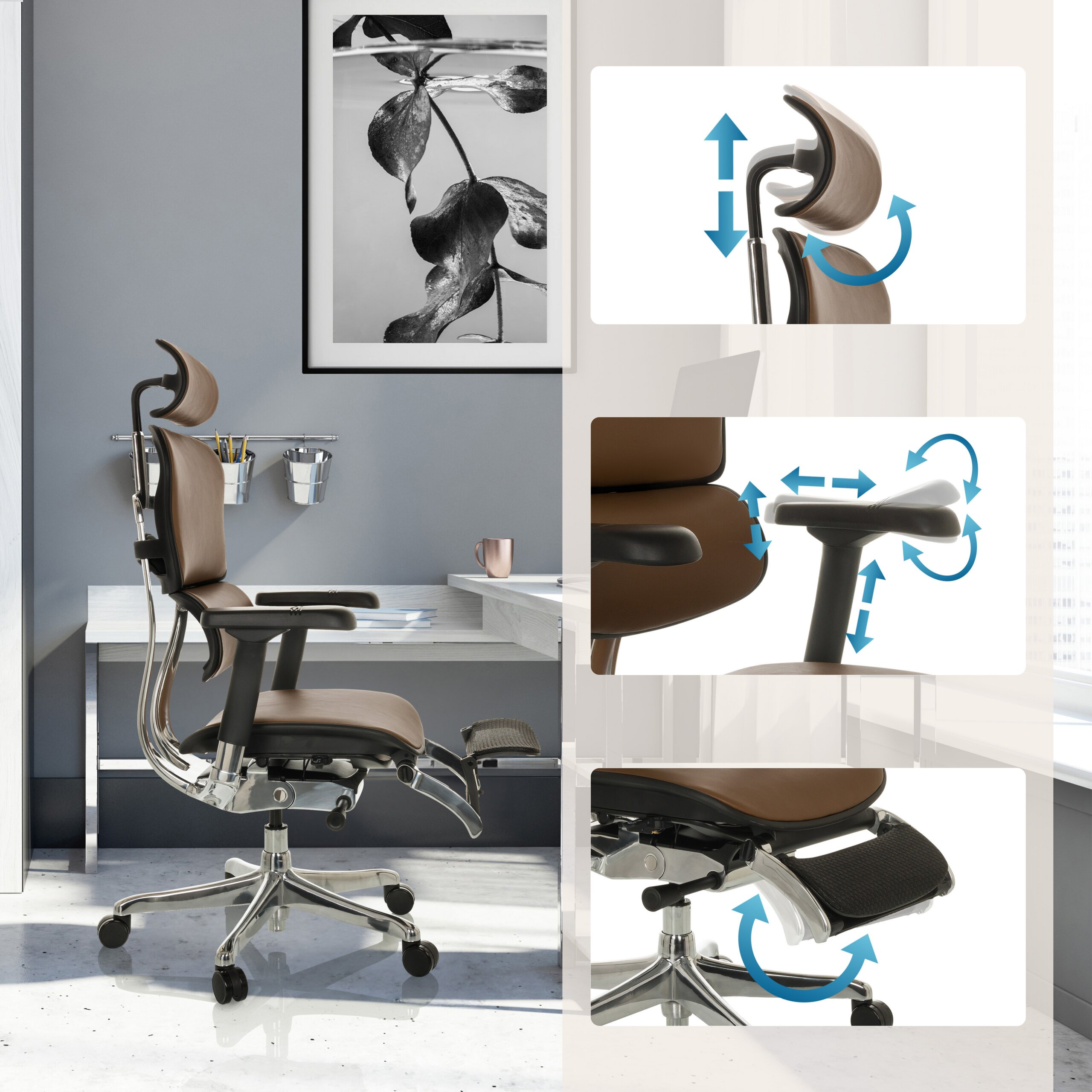 Brauner ergonomischer Bürostuhl mit verstellbaren Funktionen wie Kopfstütze, Armlehnen und Fußstütze.