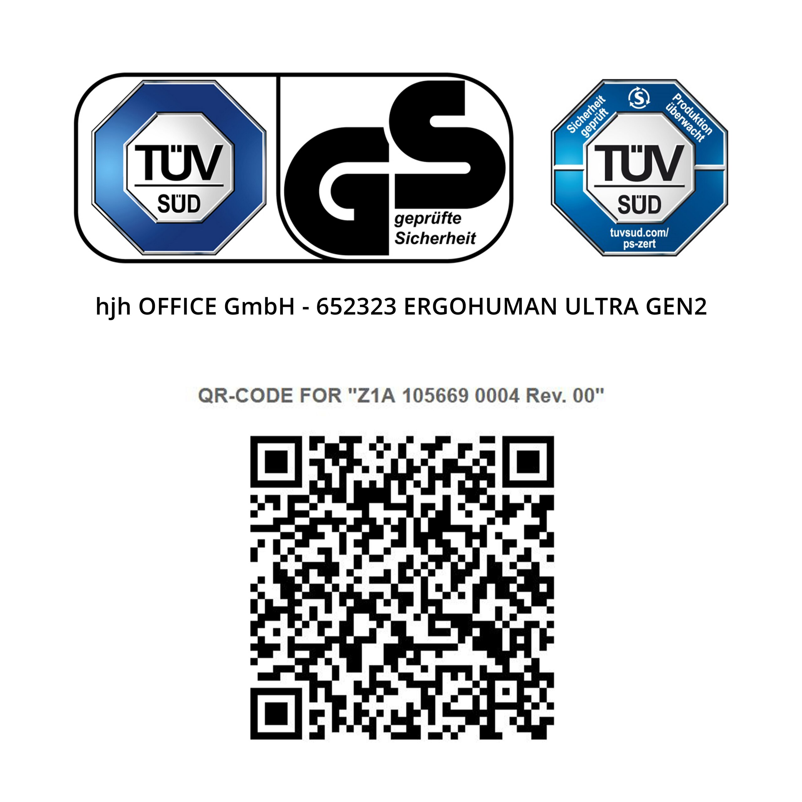 TÜV- und GS-Prüfzeichen, Firmenname und ein QR-Code für Z1A 105669 0004 Rev. 00.