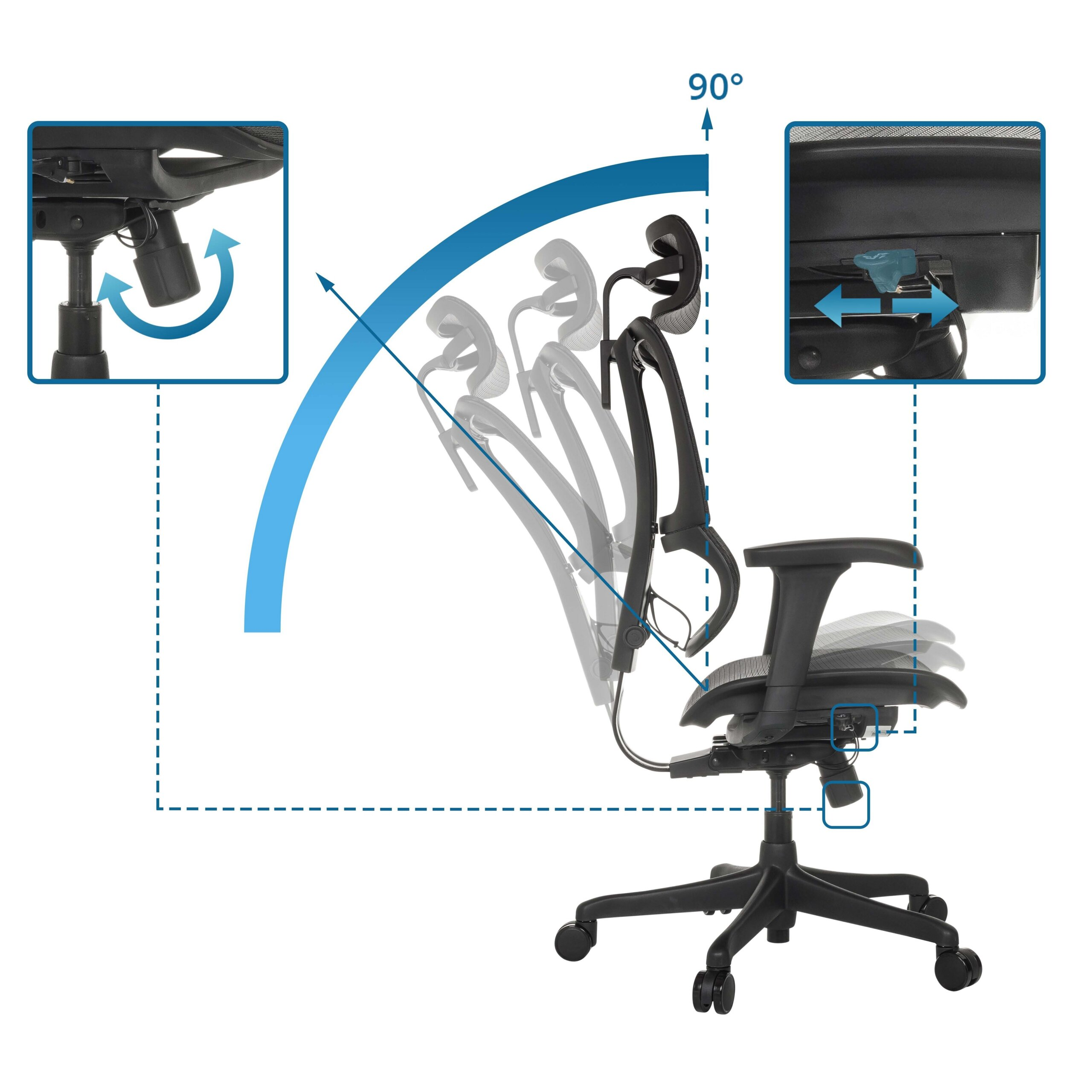 Diagramm zeigt die Neigungs- und Verstellfunktionen eines schwarzen ergonomischen Buerostuhls.