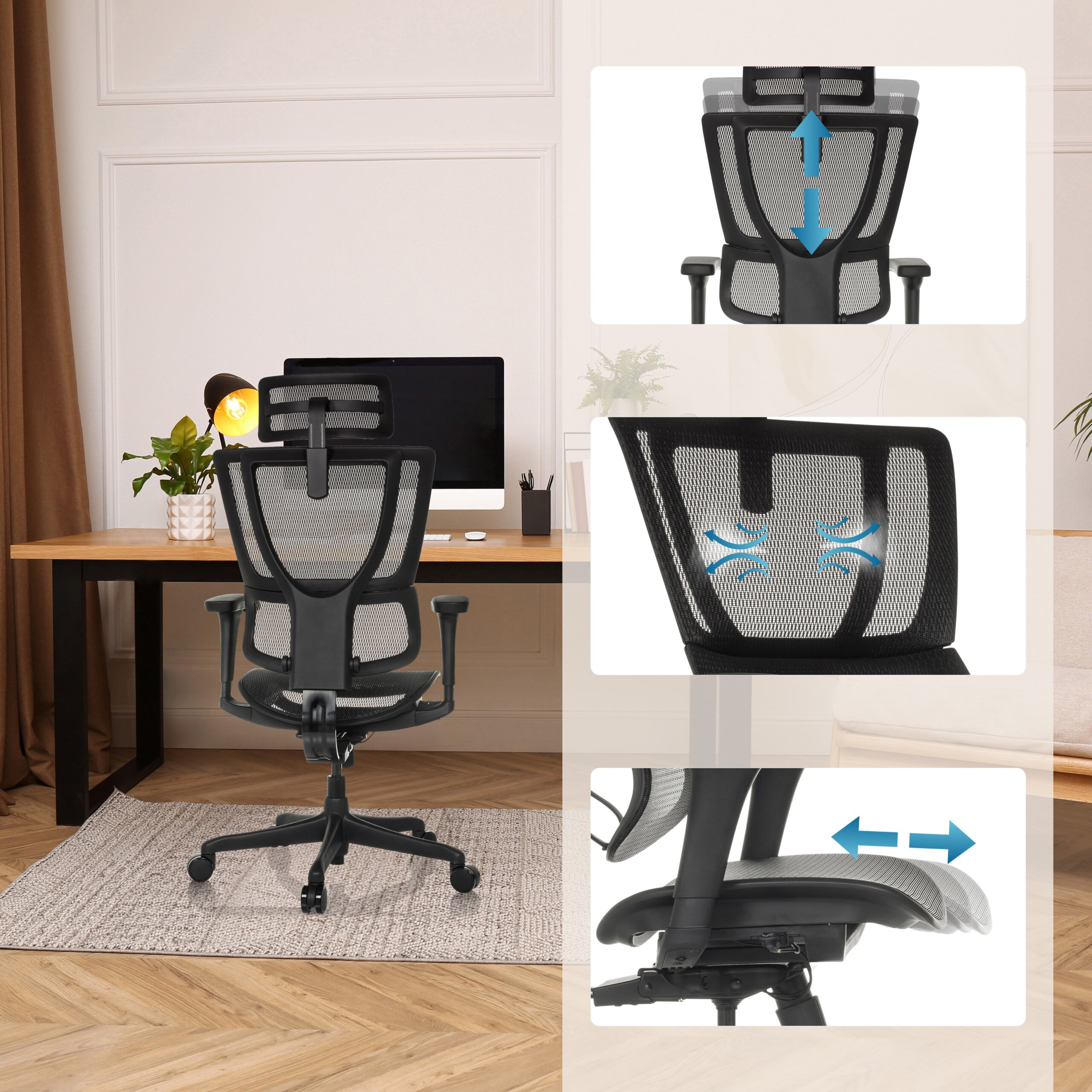 Ein schwarzer Netzsitz-Bürostuhl in einem Raum, mit Detailbildern für Höhen-, Lenden- und Sitztiefenverstellung.