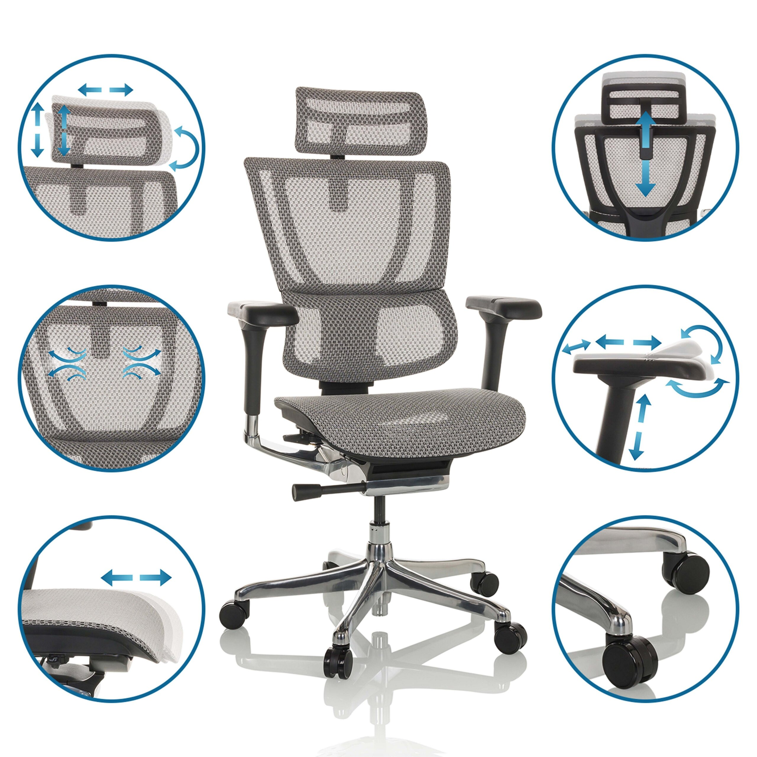 Ergonomischer Grauer Bürostuhl mit Mesh-Rückenlehne und Funktionsdetails in Kreisen.