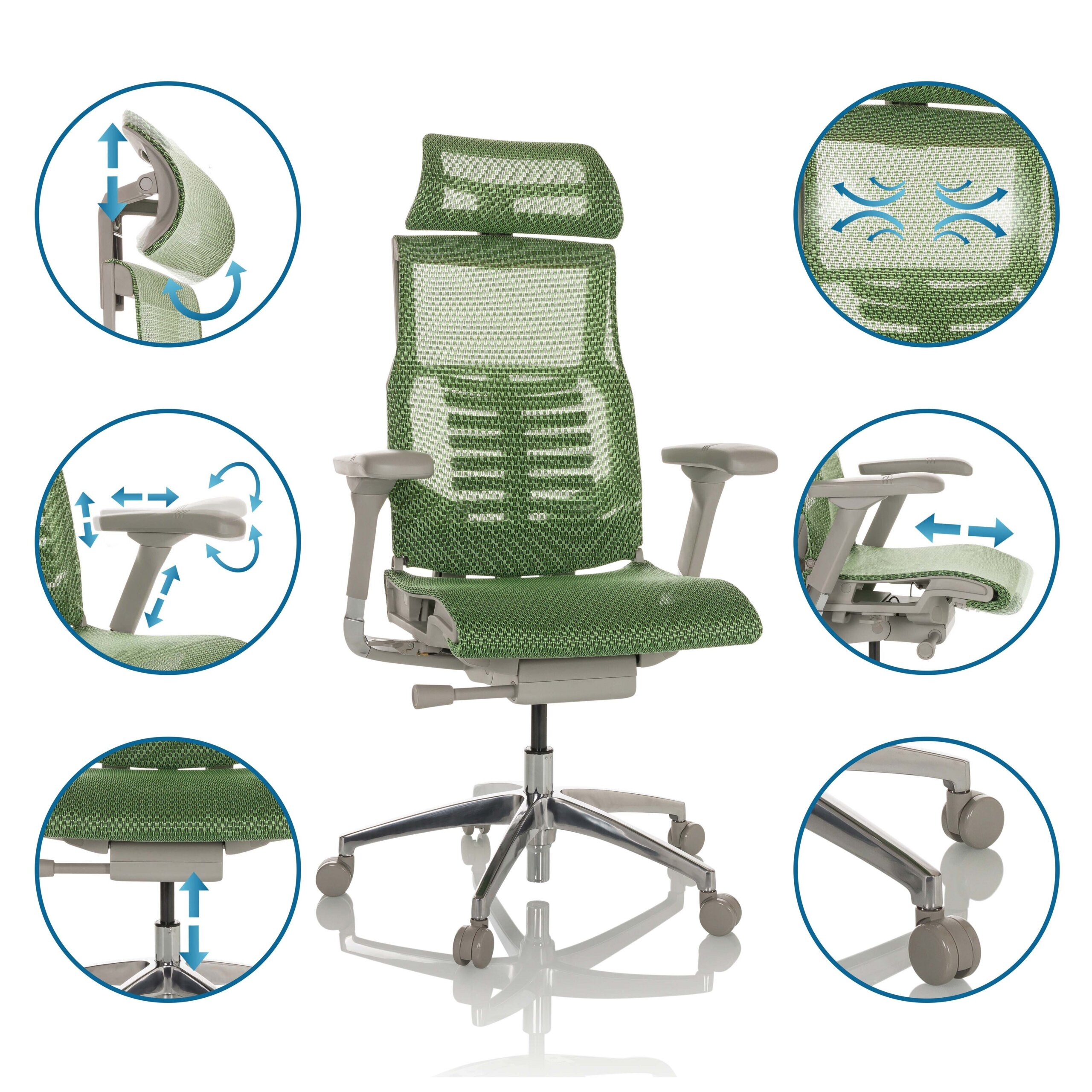 Ein grüner ergonomischer Bürostuhl mit verstellbarer Kopfstütze, Armlehnen, Sitz und Rollen auf weißem Hintergrund.