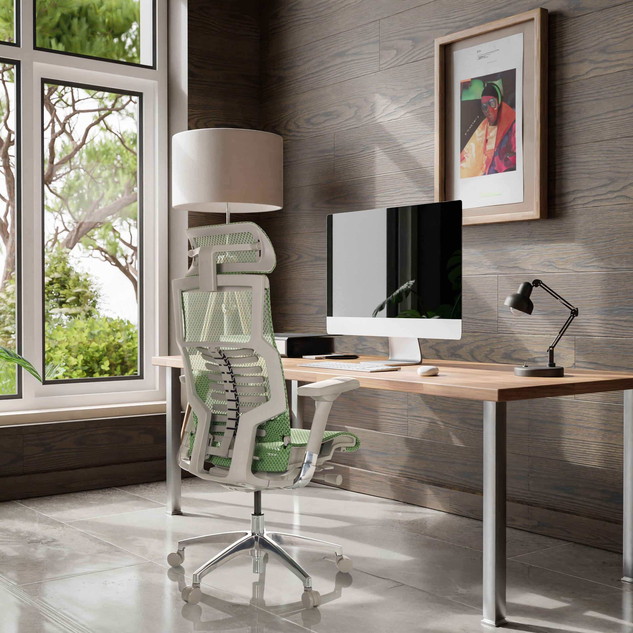 Moderne Schreibtisch-Set mit Computer, Lampe und grünem Stuhl vor einer holzverkleideten Wand.