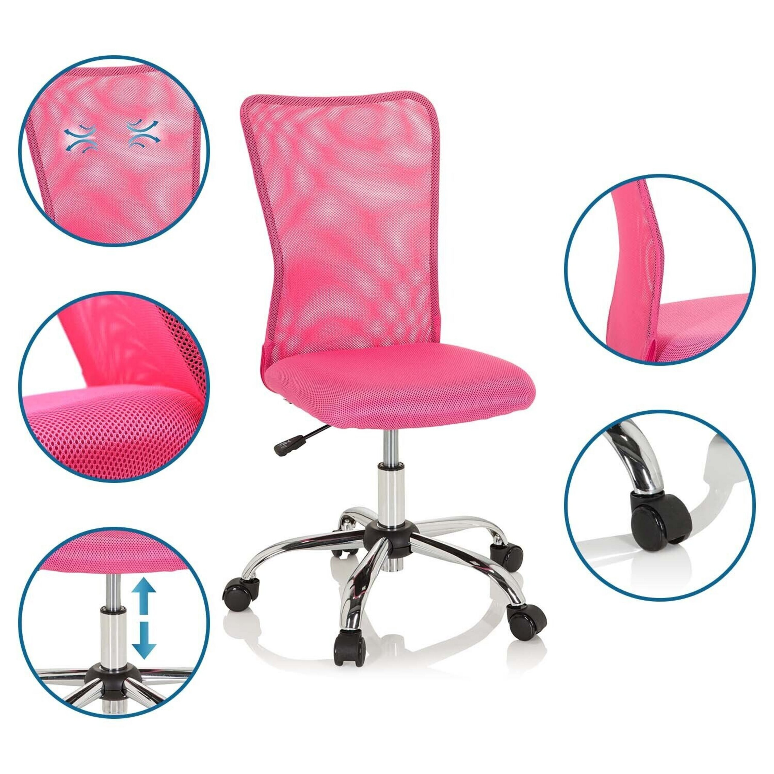 Ein pinker Schreibtischstuhl mit Netzstoff, verstellbarer Höhe und Rollen, umgeben von Detailansichten.
