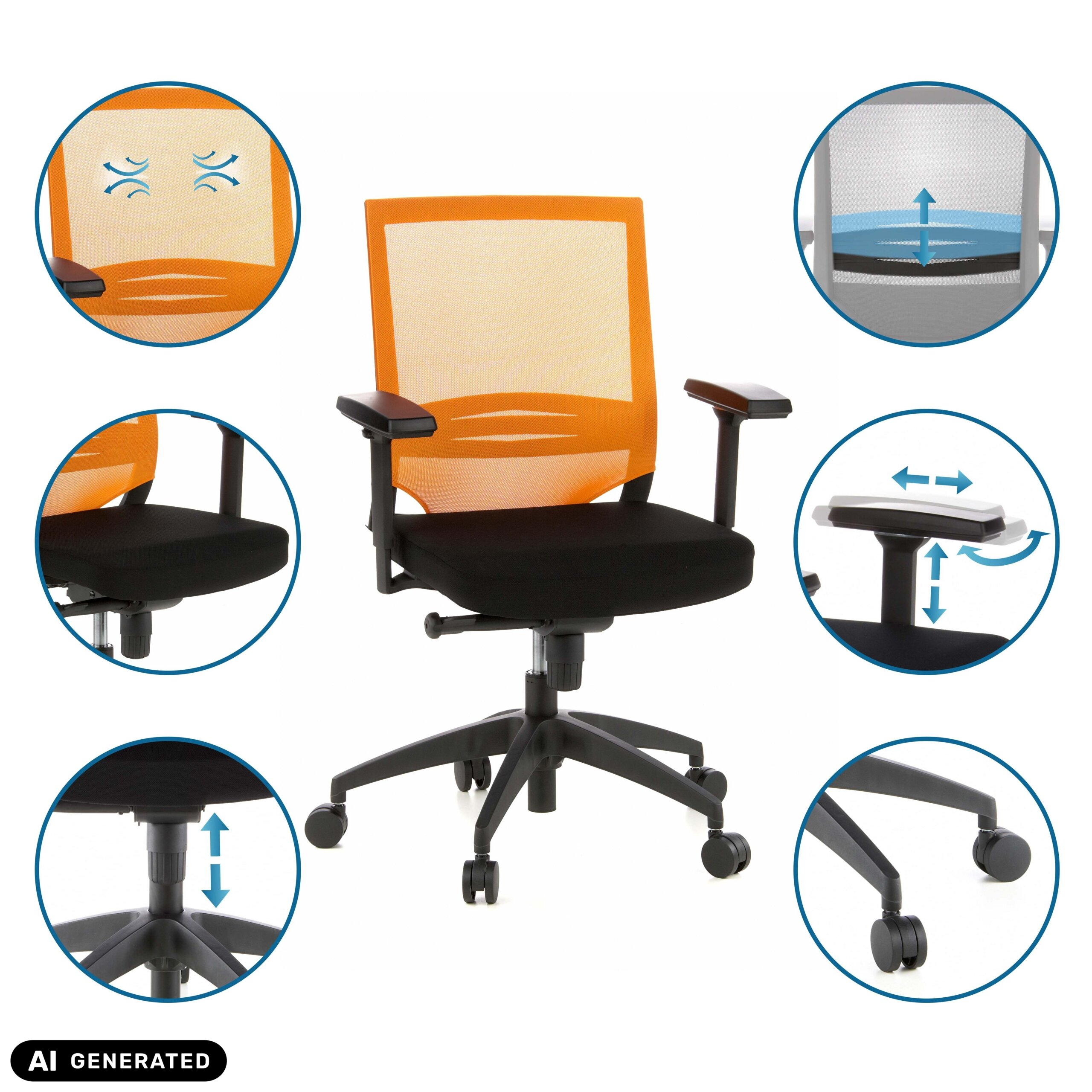 Ein orange-schwarzer Bürostuhl, umgeben von kreisförmigen Diagrammen, die seine Funktionen zeigen.