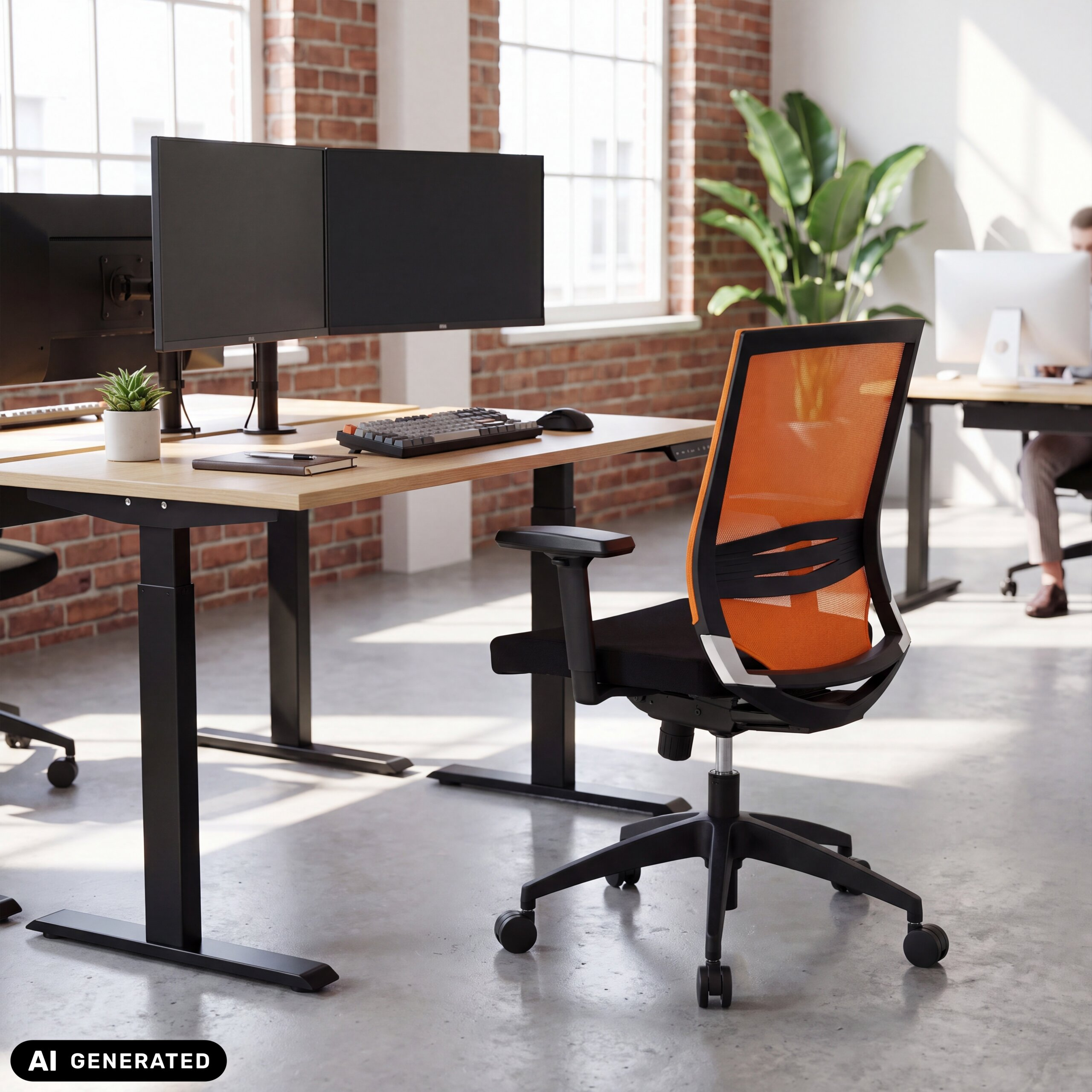 Büro mit Schreibtisch, zwei Monitoren und orangem Netzstuhl. Ziegelwand und Topfpflanzen im Hintergrund.