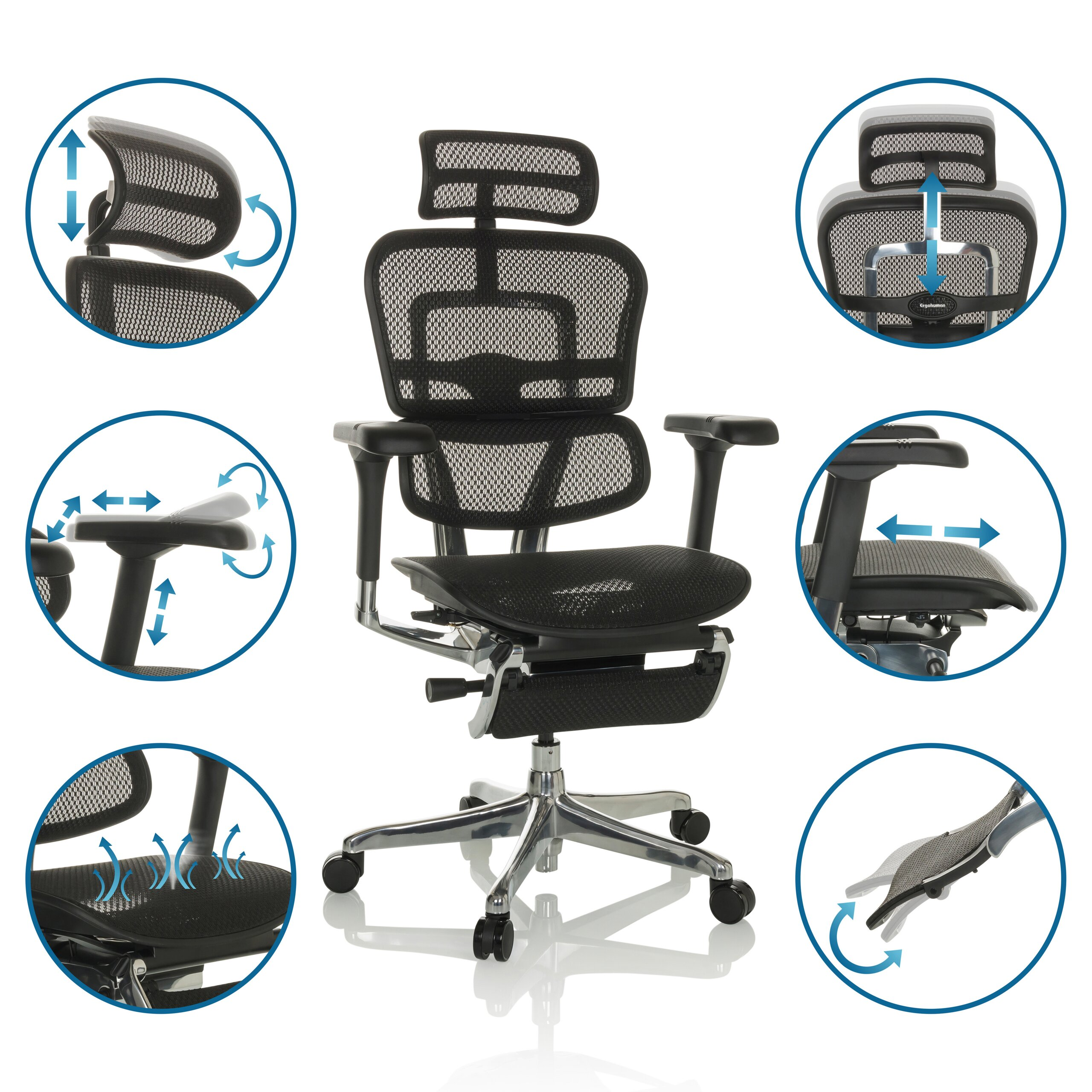 Ein schwarzer ergonomischer Buerostuhl mit Netzgewebe und verschiedenen Einstellungsoptionen in runden Detailbildern.