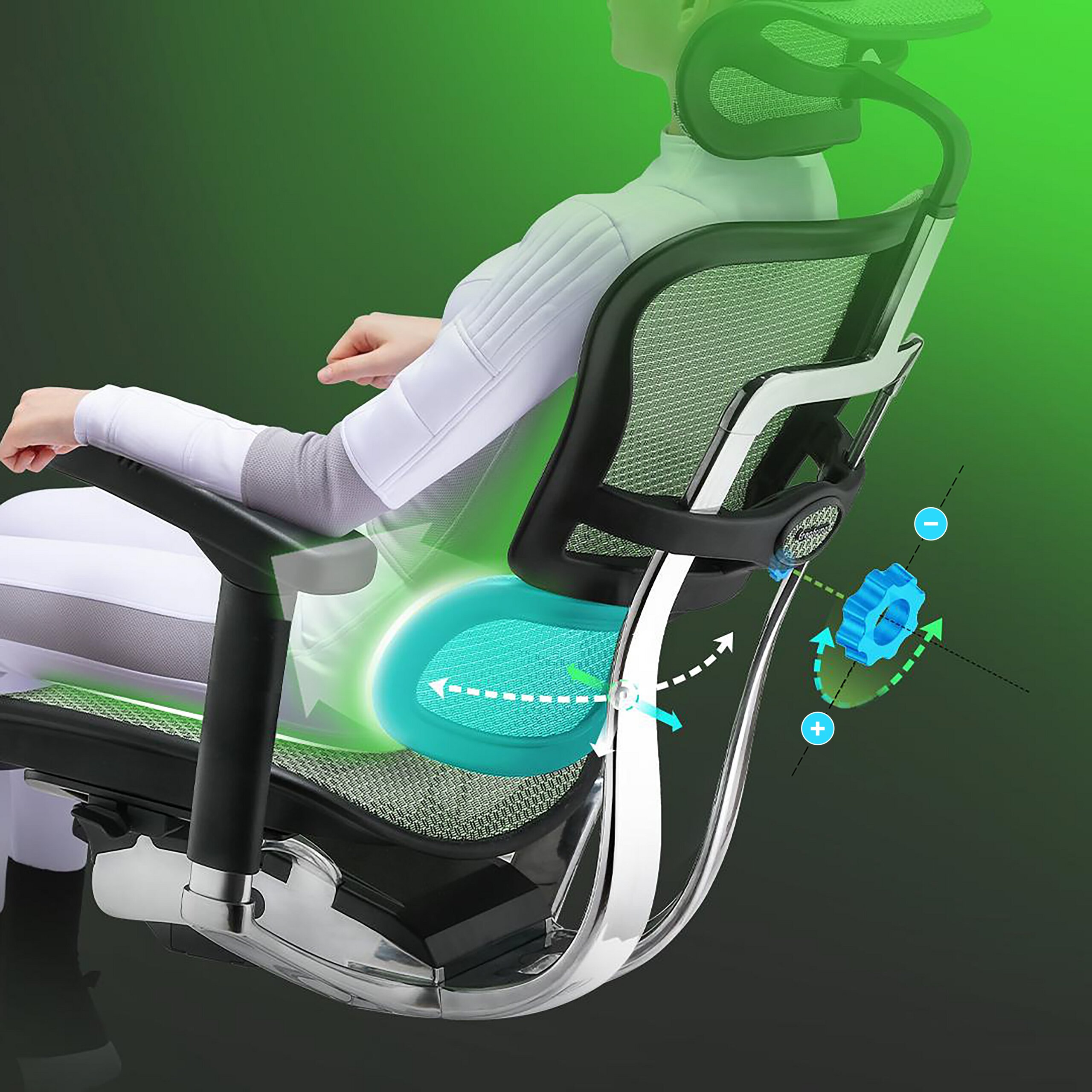 Person sitzt in einem ergonomischen Bürostuhl mit verstellbarer Lendenwirbelstütze.