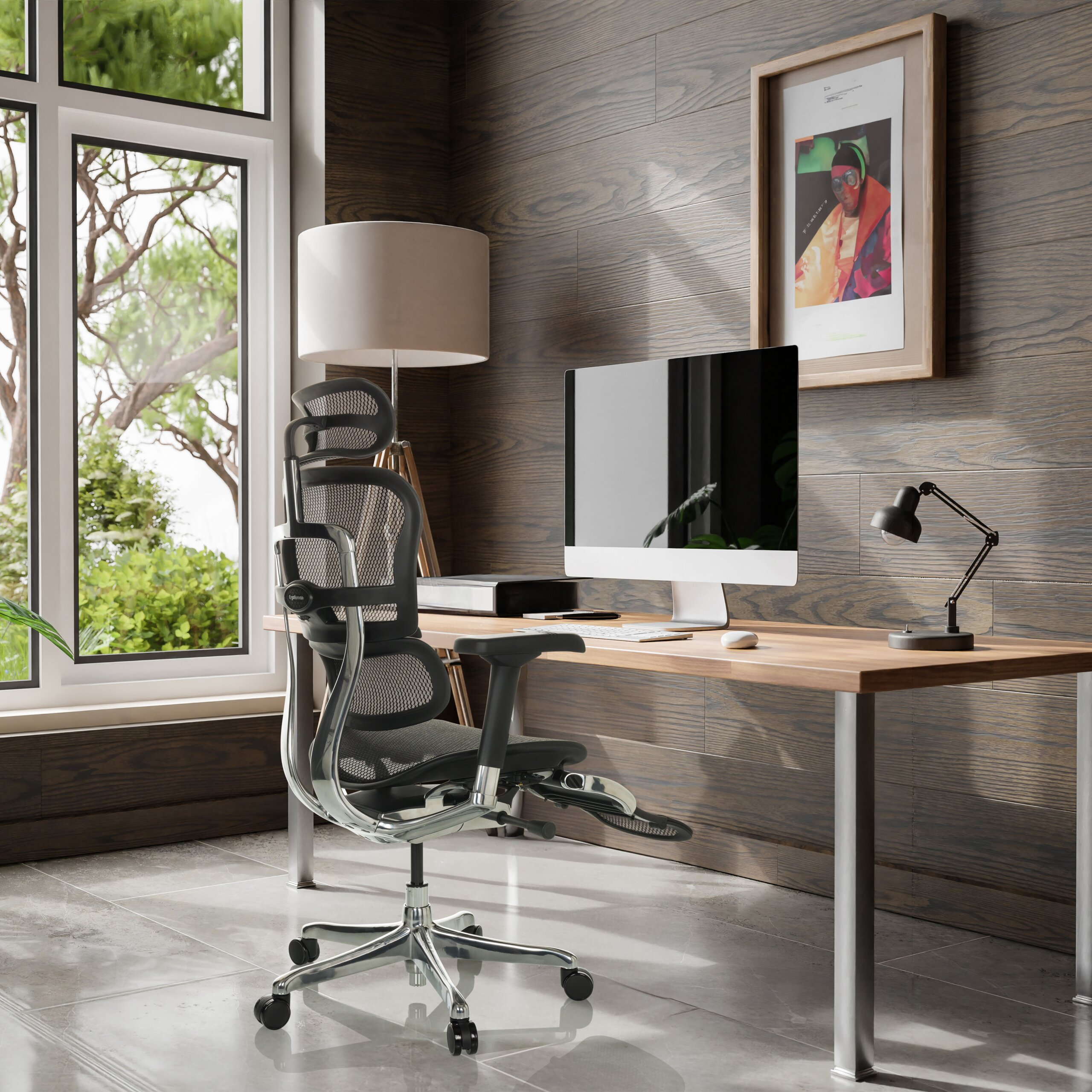 Moderne Schreibtisch-Einrichtung mit ergonomischem Bürostuhl, Computer und Holzwand.